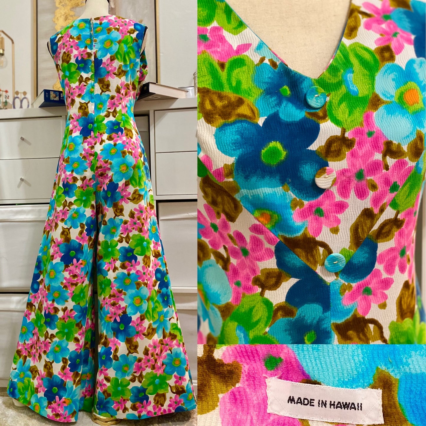 60's-70's Floral Bell Bottom Wide Leg Jumpsuit (L)