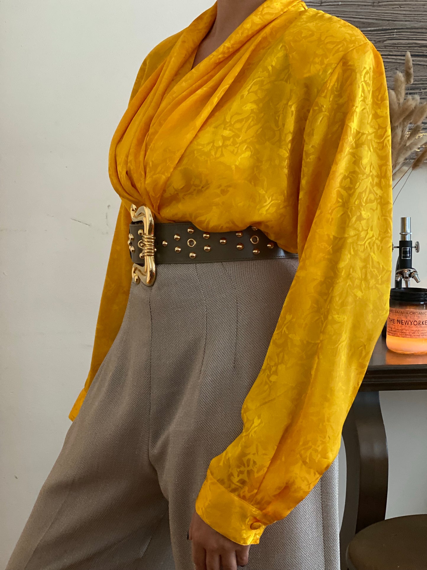 Liquid Satin Gold Draped/Shawl Collar Blouse