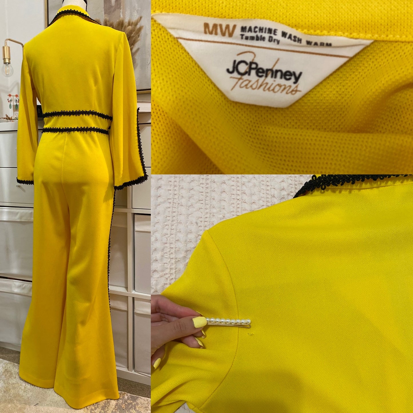 70's Iconic Yellow Major Bell Bottom Flare Jumpsuit w/ Ric-Rac Trim (M-L)