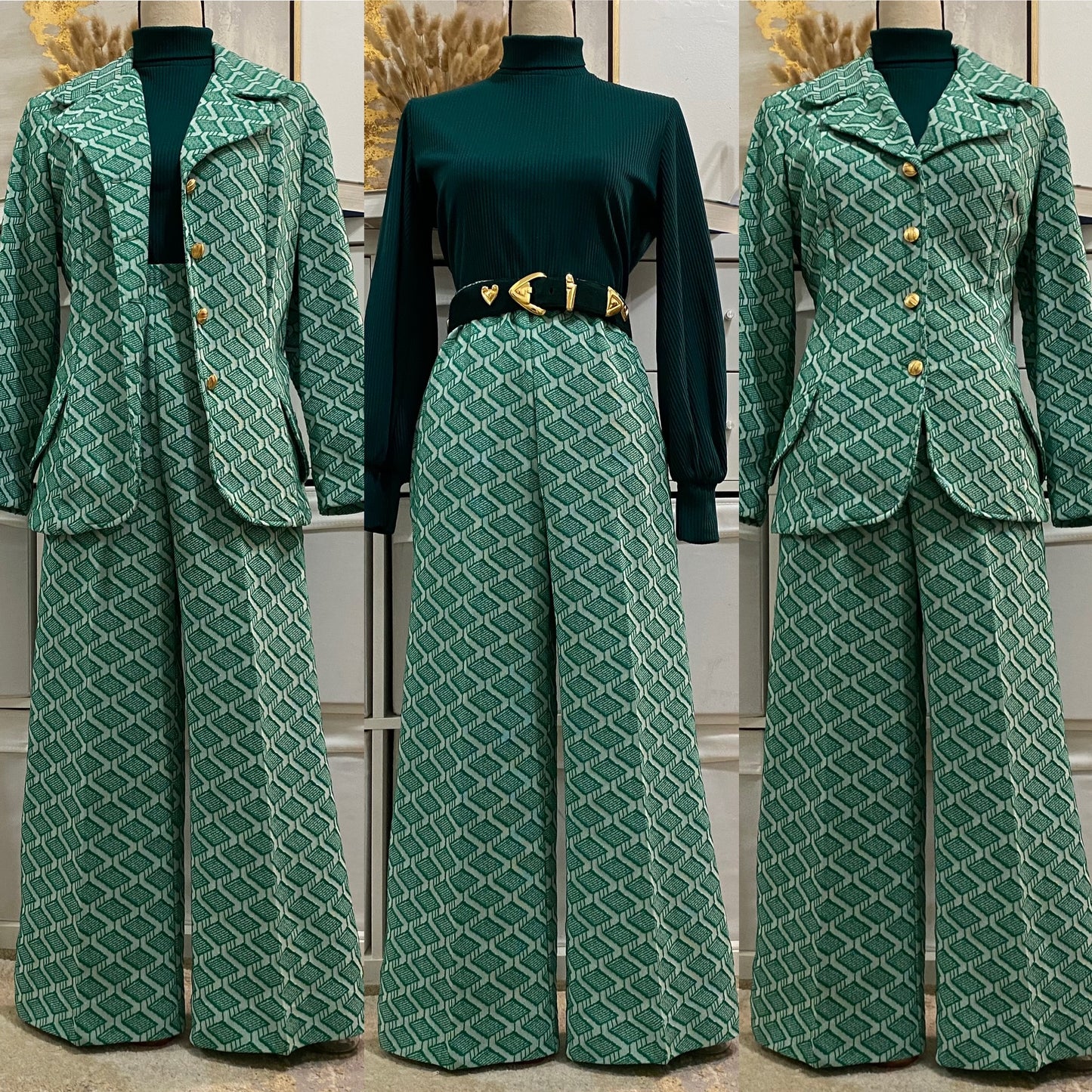 70's 2PC Abstract, Wide Leg Pantsuit (M-L, 27"-35"W) Petite, cropped