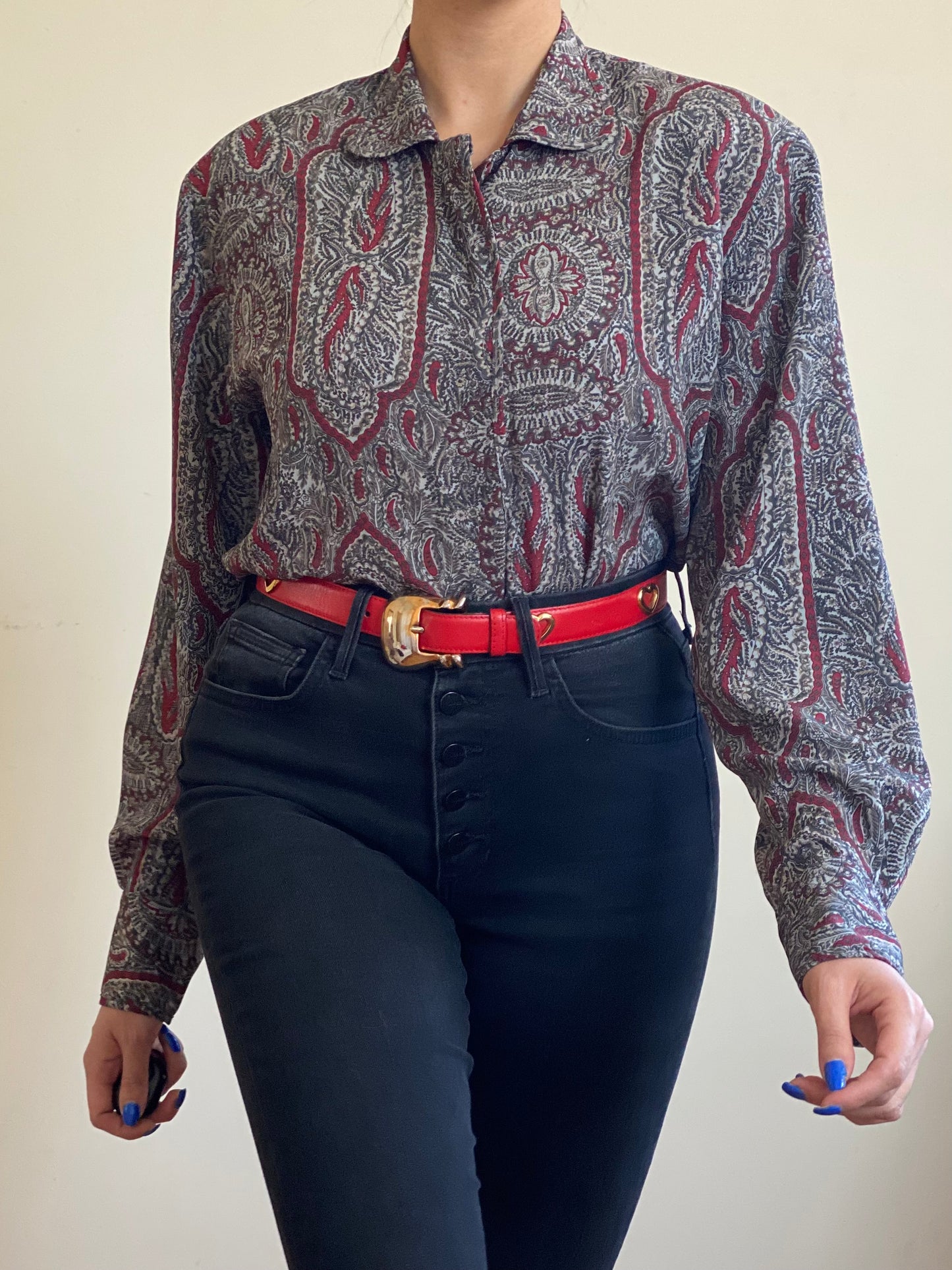 80's Grey Abstract Paisley Button Down Blouse (M)