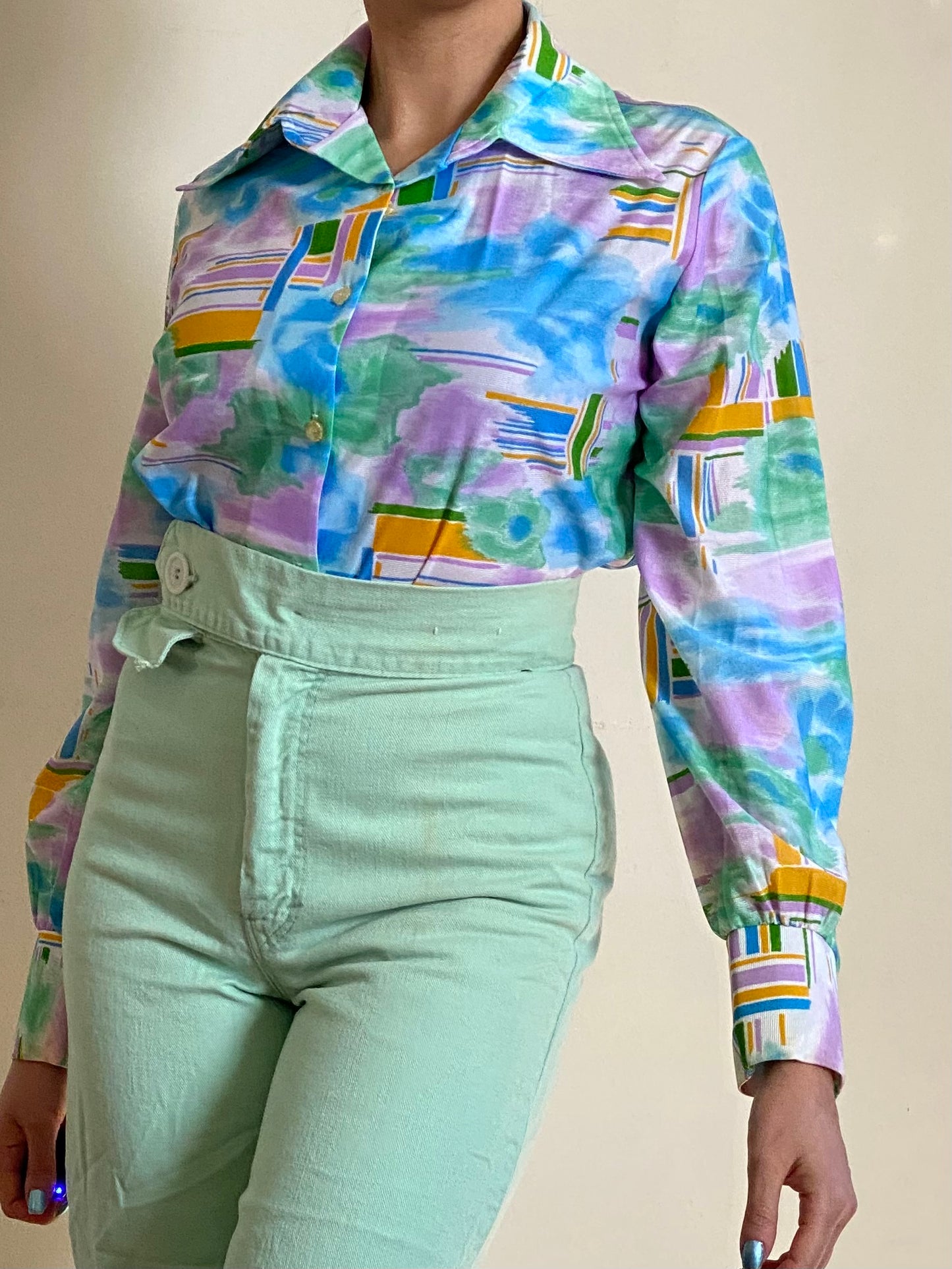 70's WATERCOLOR ABSTRACT STATEMENT COLLAR BLOUSE (M)