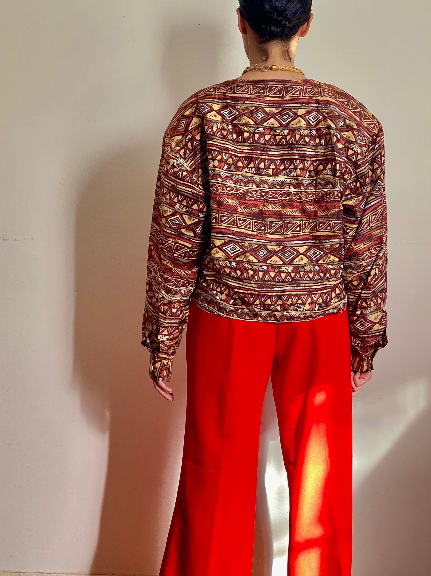 90's Abstract Tribal Pattern Bomber Silk Jacket
