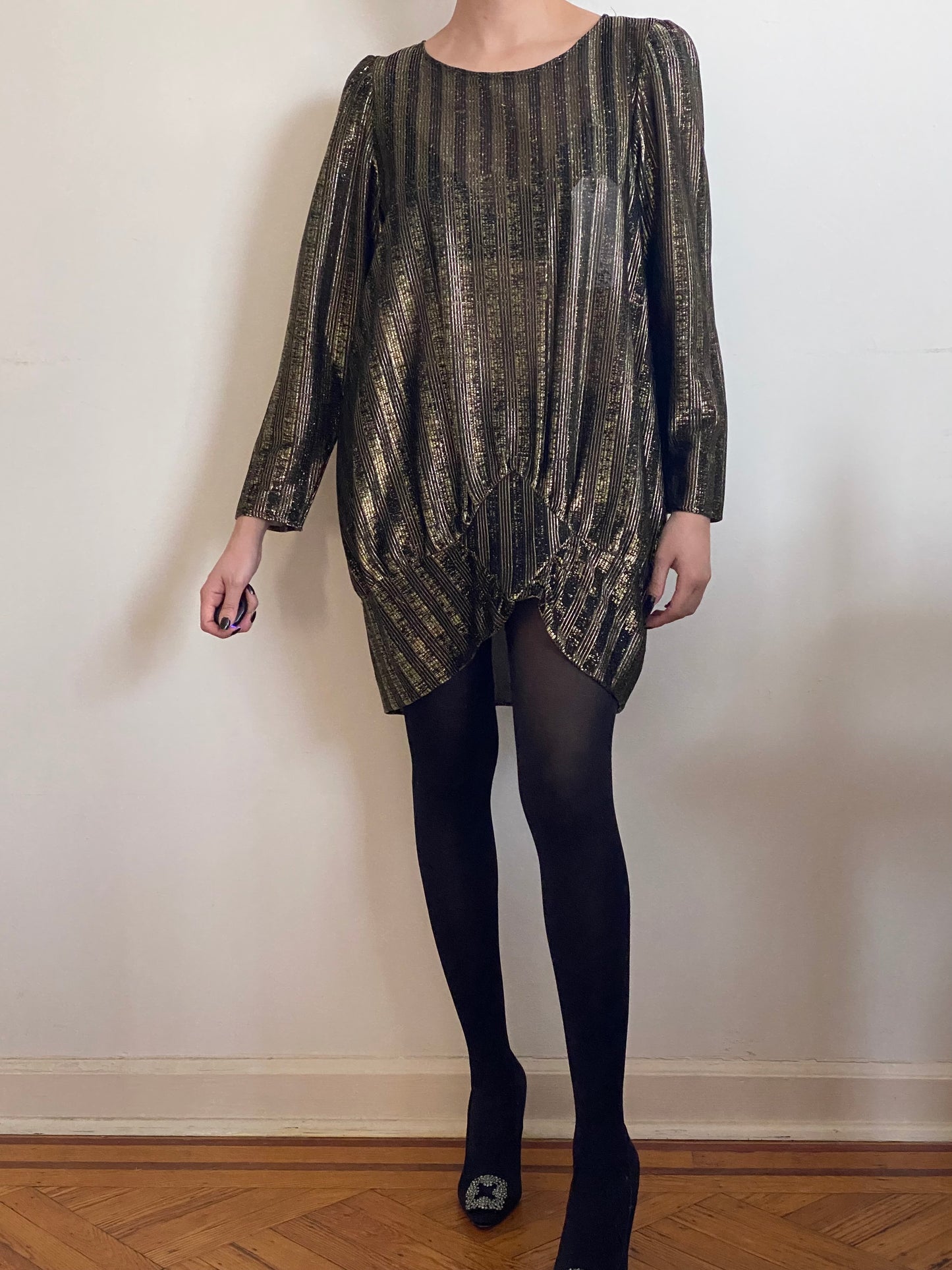 80's Gold Metallic Asymmetrical Shirt Dress (S-M)