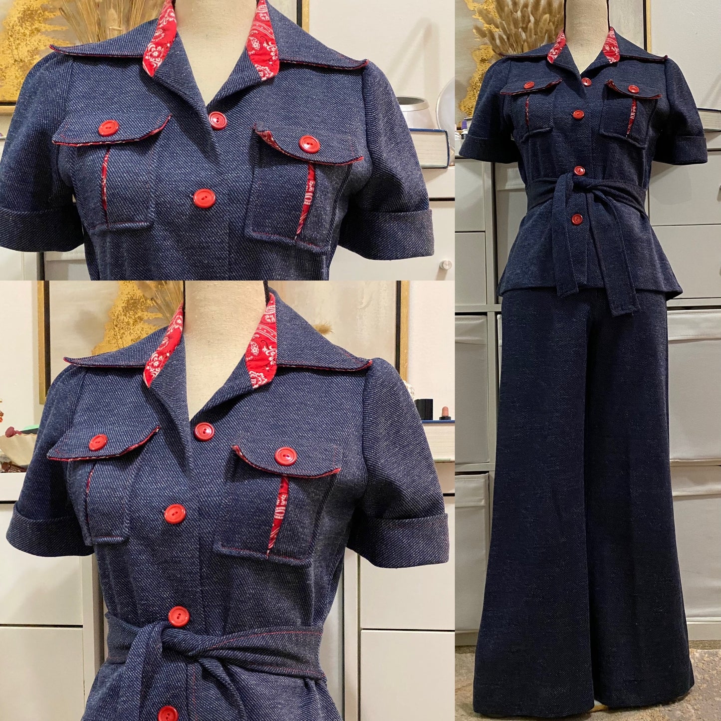 70s Faux Dark Denim 2PC Pantsuit (XS-S, 25"-26W)