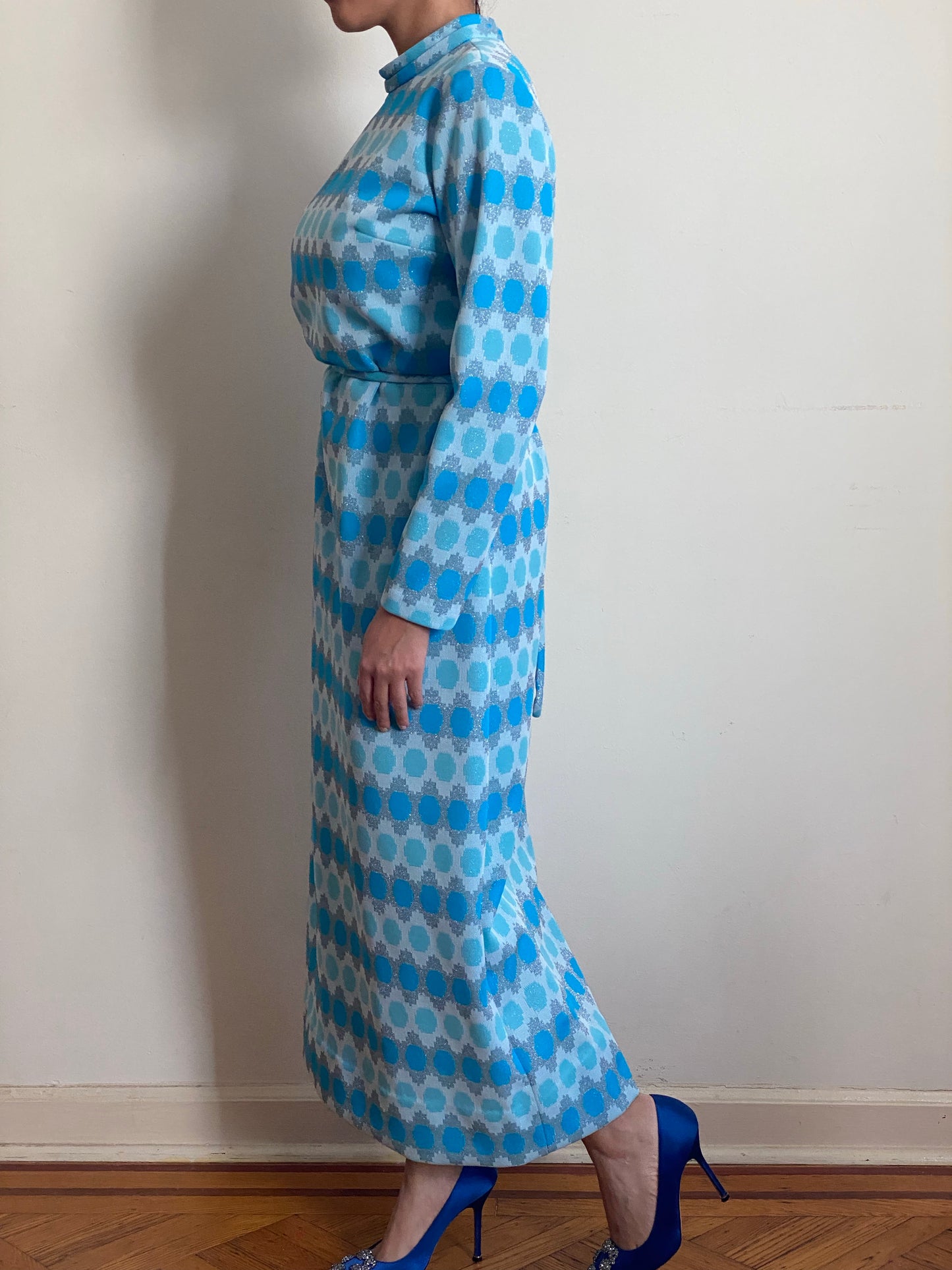 50's Icy Blue Mod Maxi Dress with Silver Shimmer Details (M)