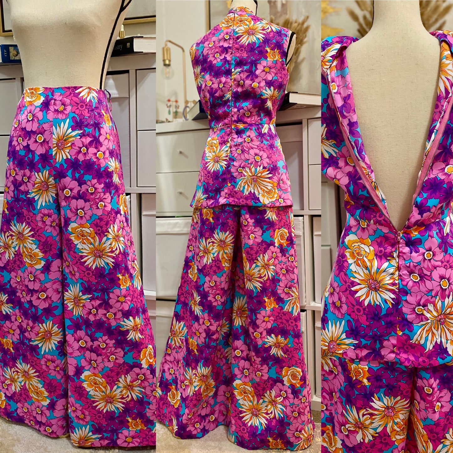 60s 70s Floral 2-Piece Silky Bell Bottom Set - Top & Wide Leg (M-L)