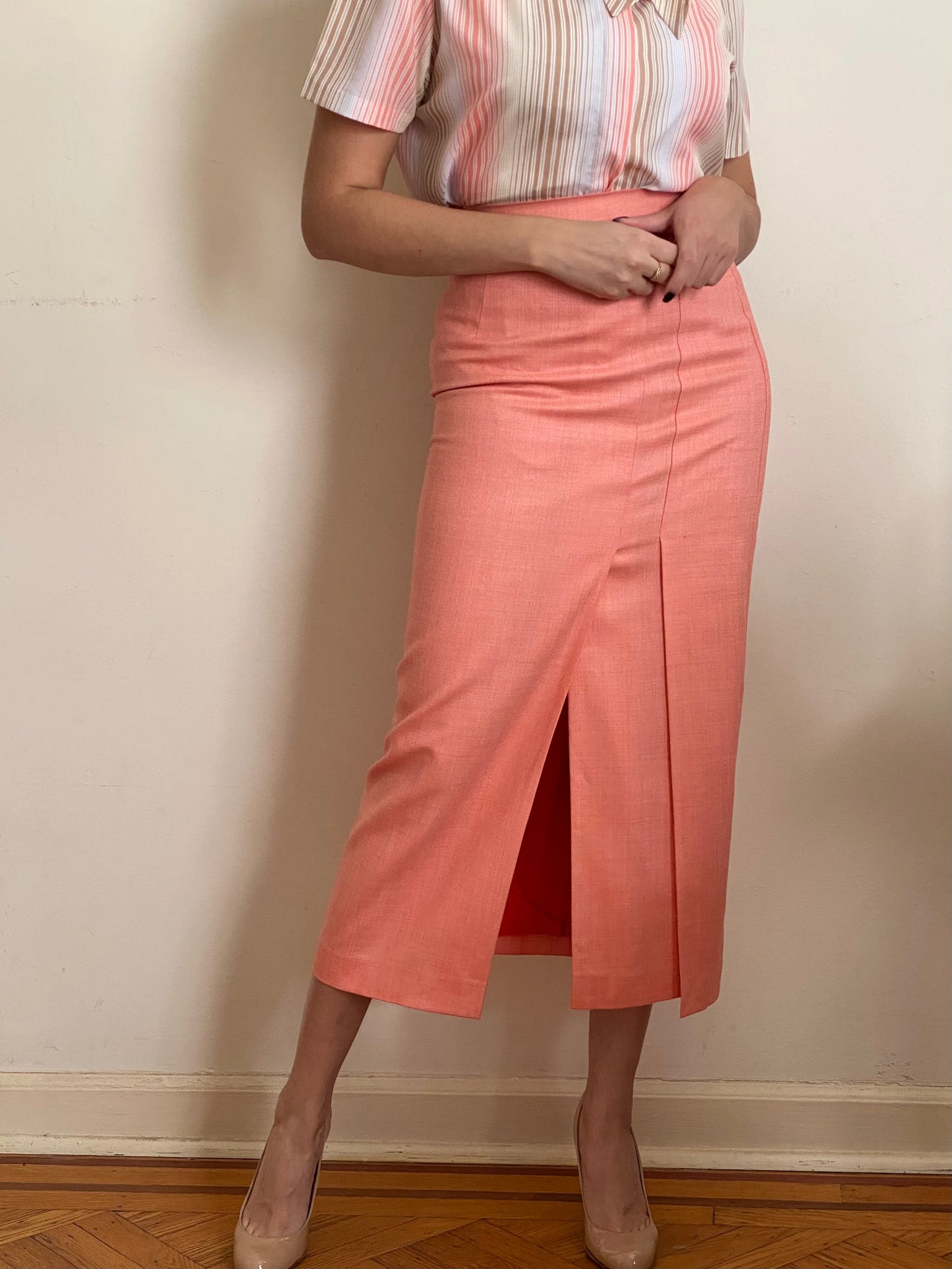 80s-90s Peach Escada Slit Silk & Wool Maxi Skirt (XS)