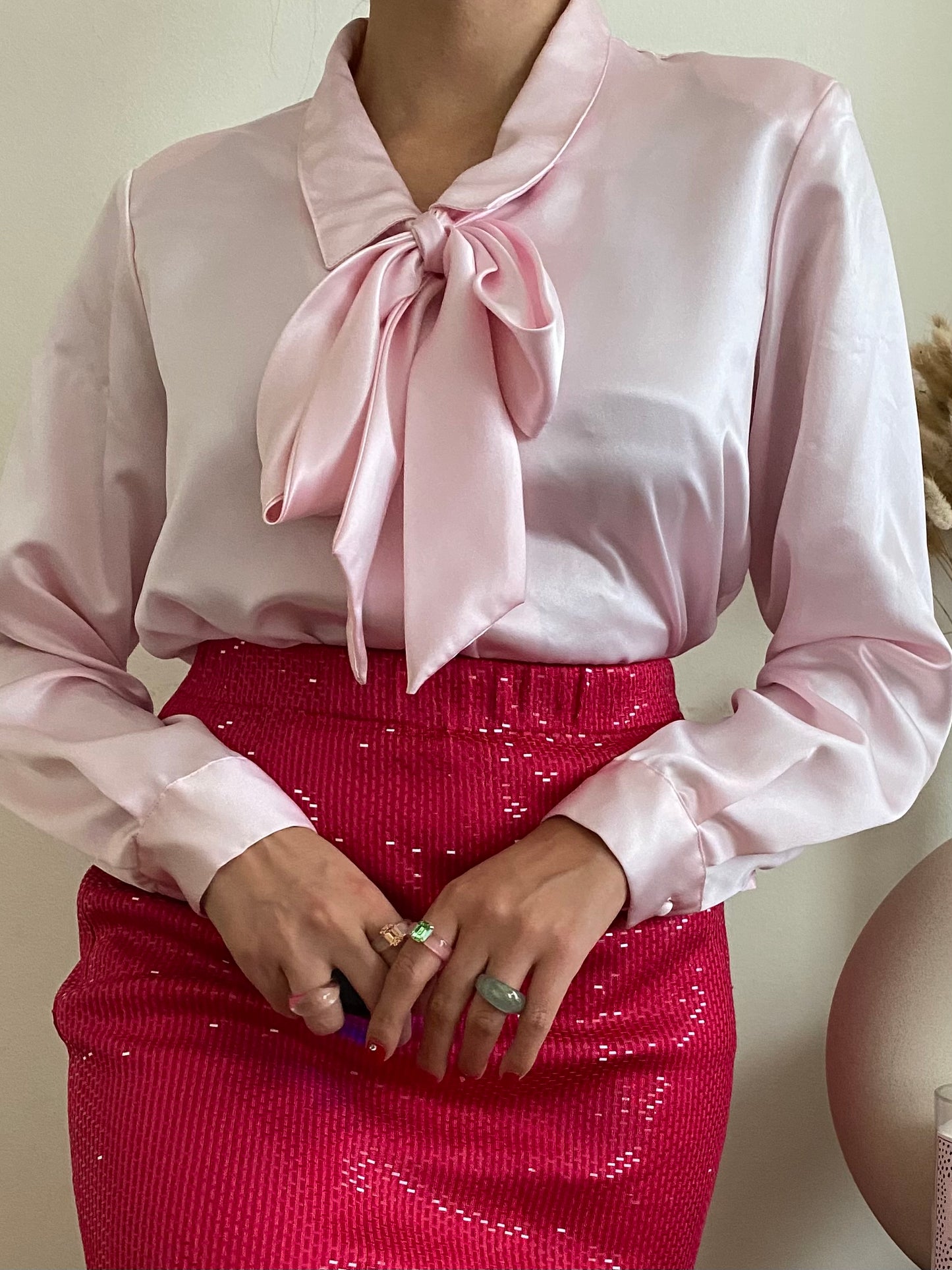 Pastel pink pussy -bow neck, long sleeve blouse