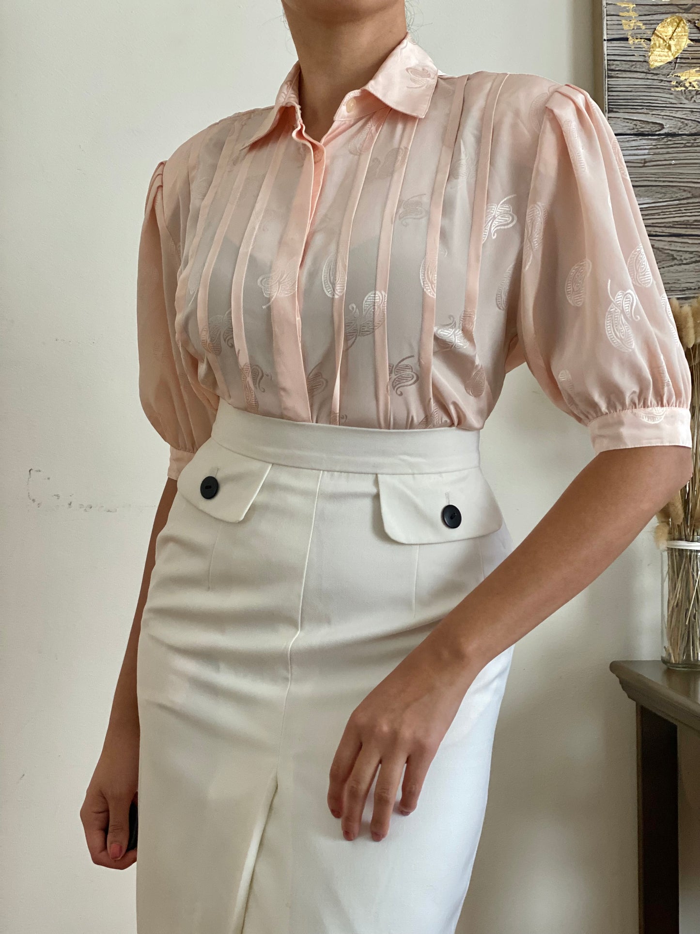 Button down Paisley Design Puff Short Sleeve Blouse (S)