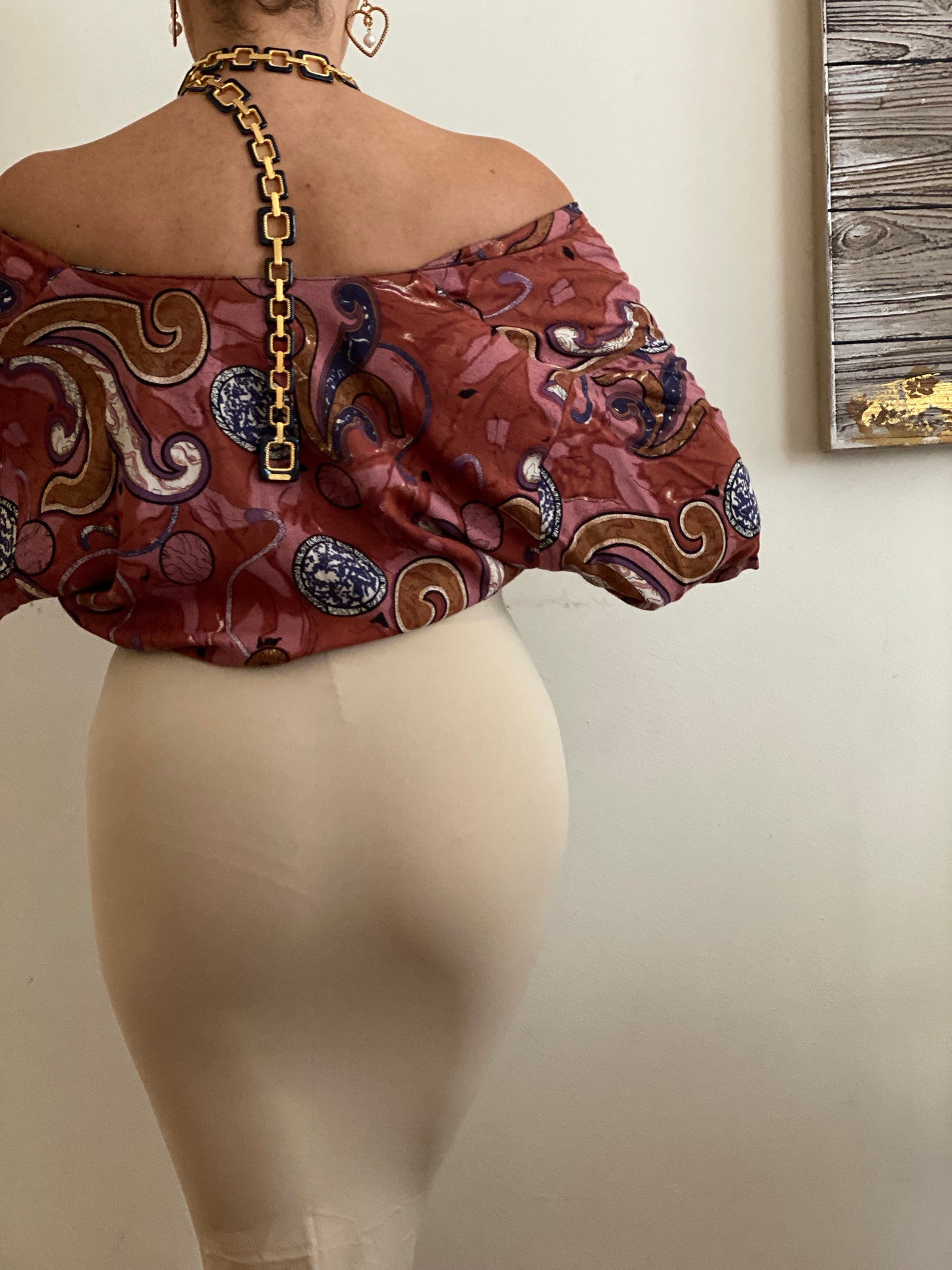 Boho Abstract Pattern with Decorative Buttons Short Sleeve Top