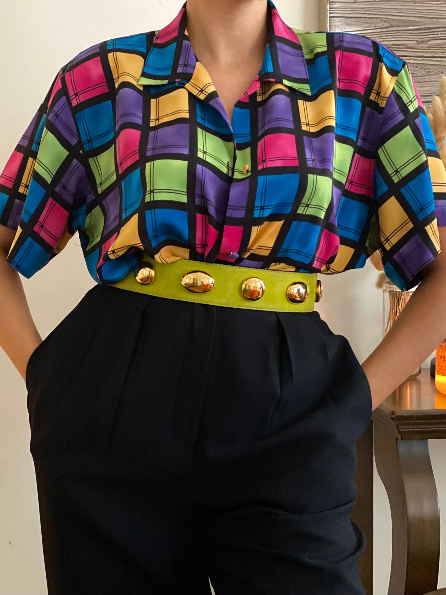 Neon Square Design Button Up Blouse