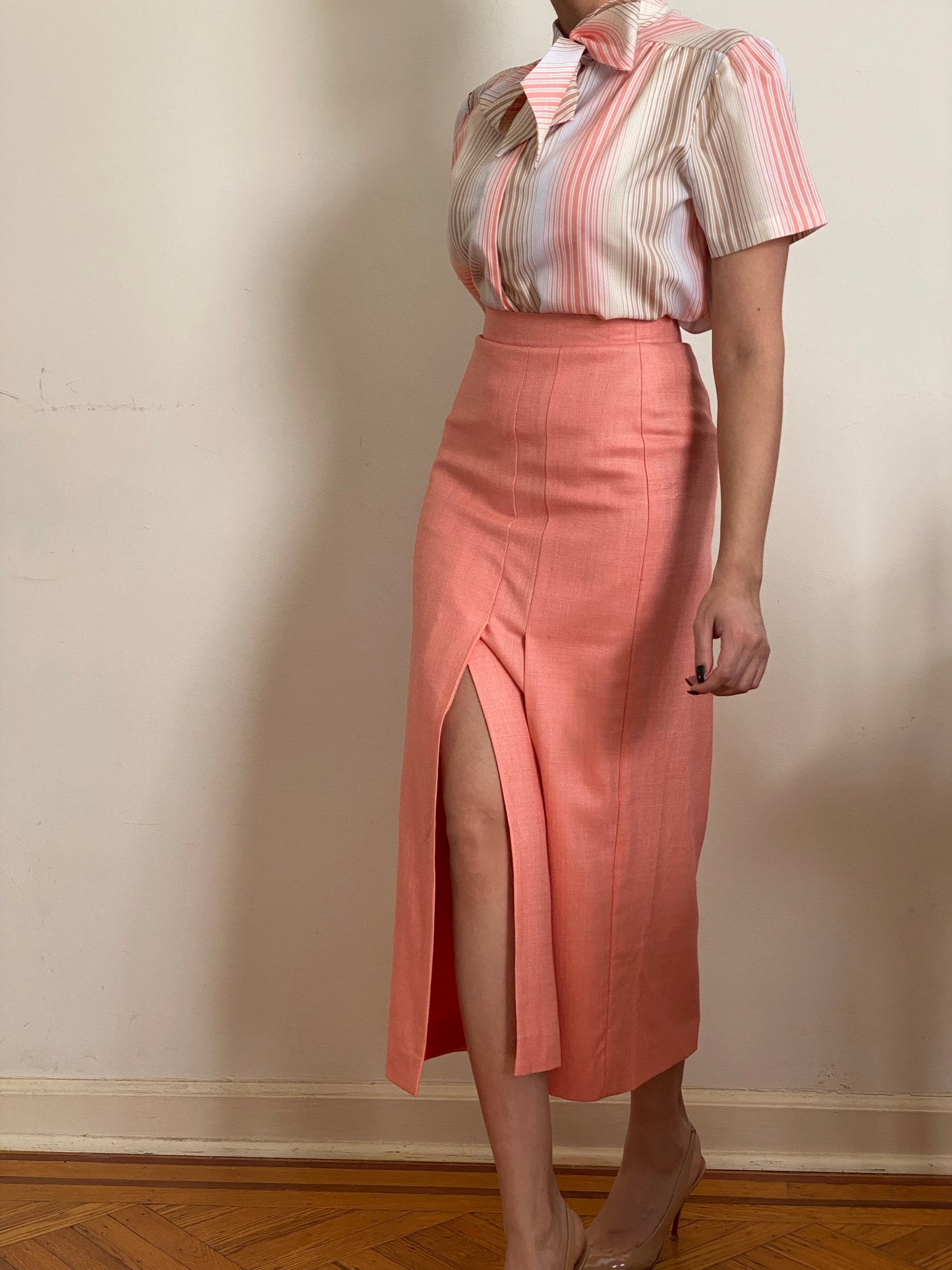 80s-90s Peach Escada Slit Silk & Wool Maxi Skirt (XS)