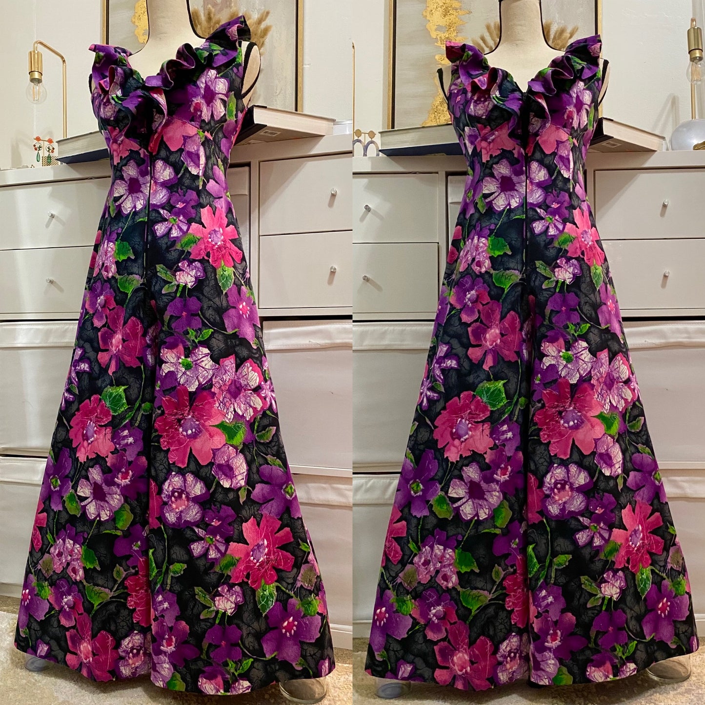 60's-70's Floral Ruffle Bell Bottom Jumpsuit (M)