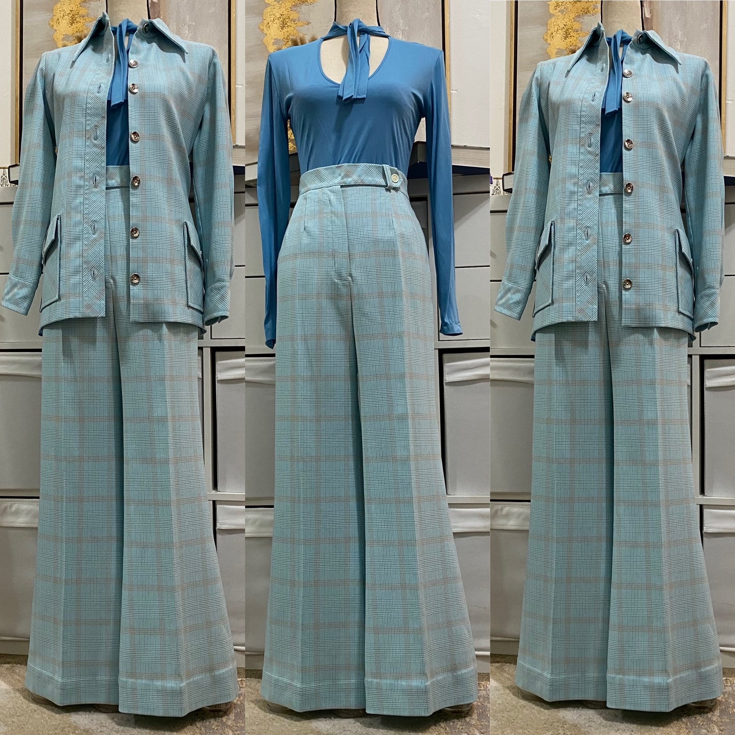 70's Blue Plaid 2Pc Bell Bottom Pantsuit (M, 29"W)