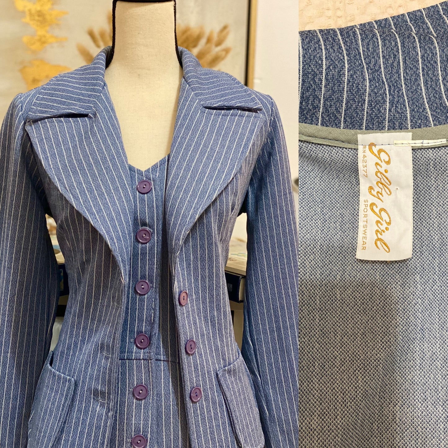70's Denim Look Tuxedo Bell Bottom Jumpsuit Pantsuit - 2pc (M-L)