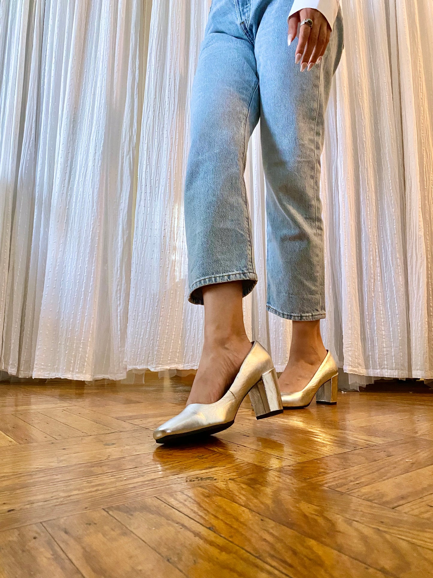 Silver Square Toe Block Heel Pumps