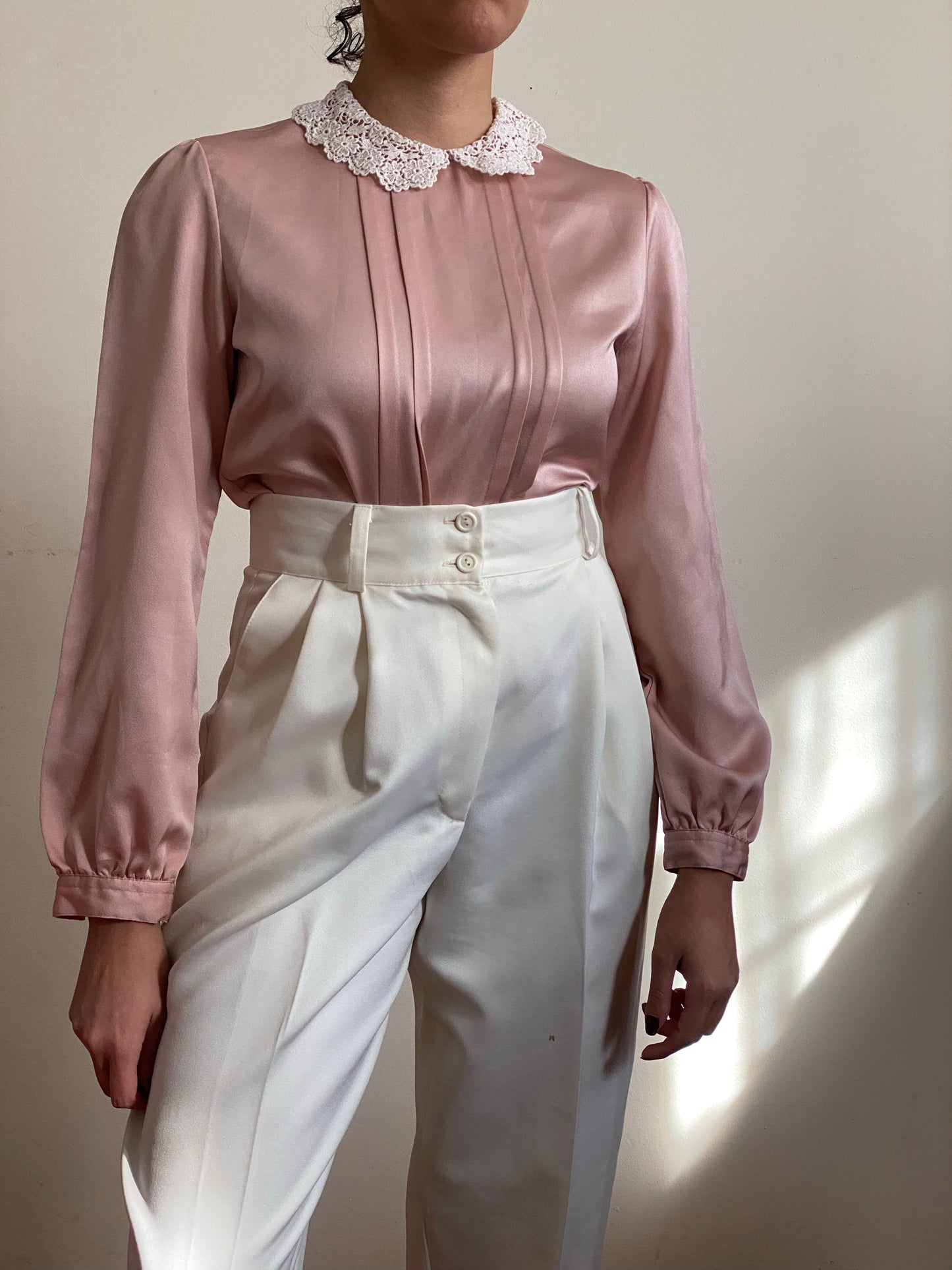 80's Lace Collar Silky Long Sleeve Blouse (S)