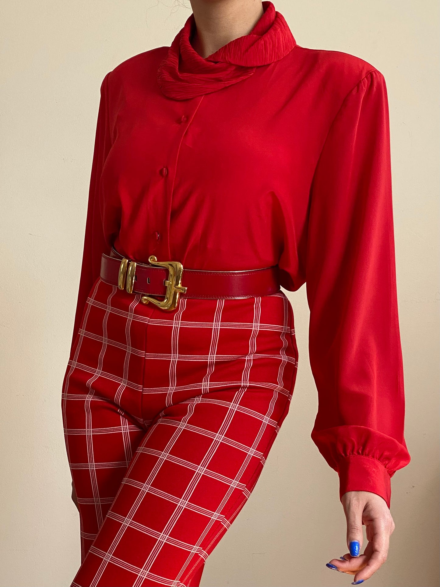 80's Crepe Shawl Neck Button Down Blouse (M-L)