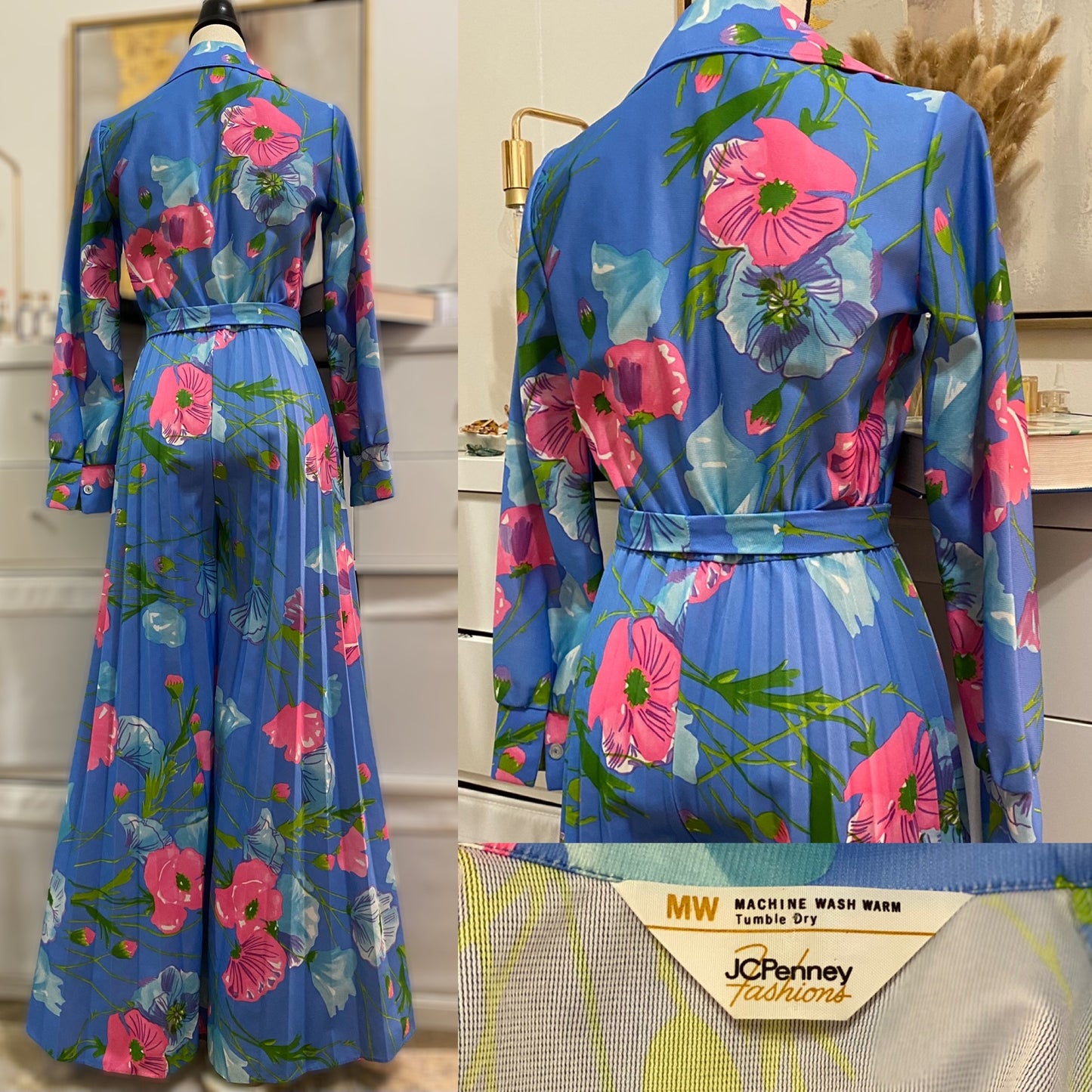 70’s Floral Pleated Palazzo Jumpsuit (S-M)
