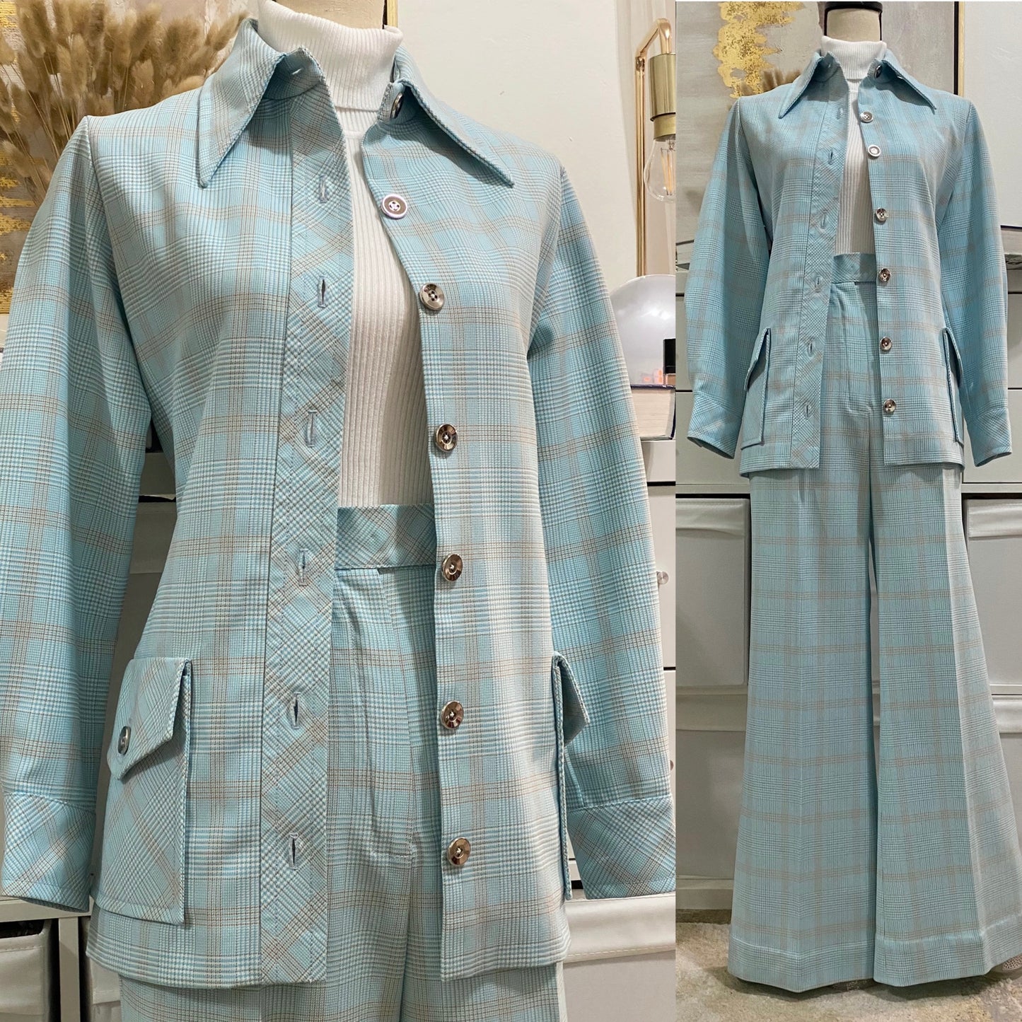 70's Blue Plaid 2Pc Bell Bottom Pantsuit (M, 29"W)
