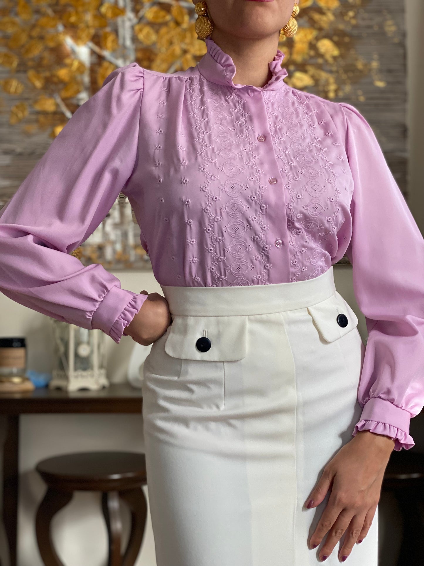 70's Ruffle Mock Collar Embroidered Top (S)