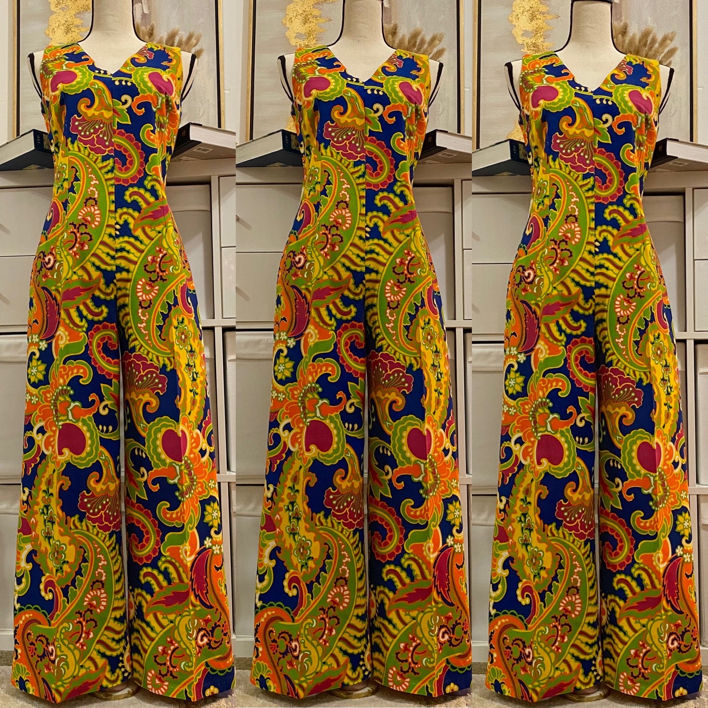 60’s-70’s Psychedelic Sleeveless Bell Bottom Jumpsuit (M-L)