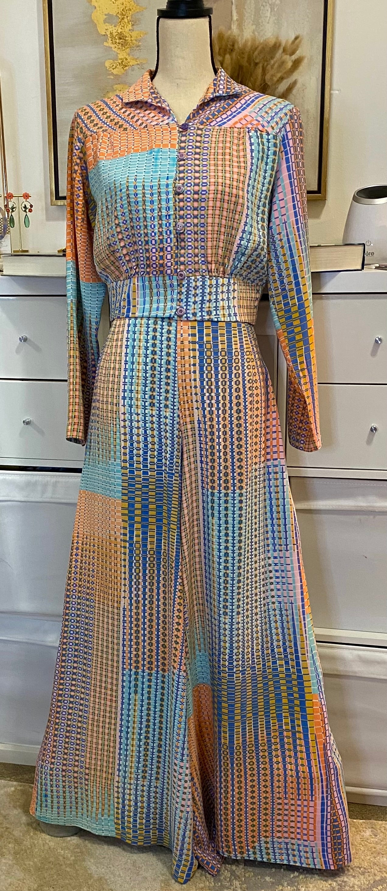 70's 2-Piece Set - Pastel Abstract - Bomber Jacket/Shirt & High Rise Palazzo Bottoms (M)