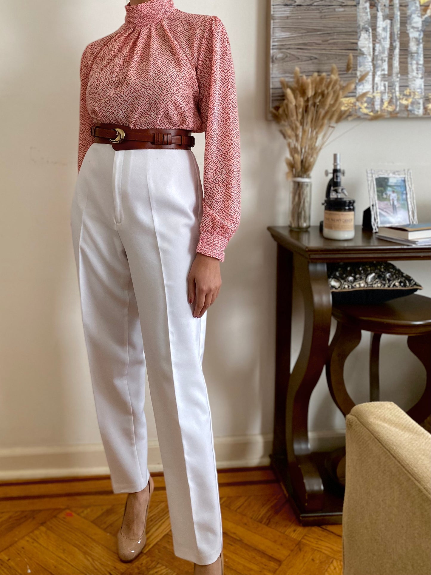 Abstract High Ruched Mock Neck, Long Sleeve Blouse (S)