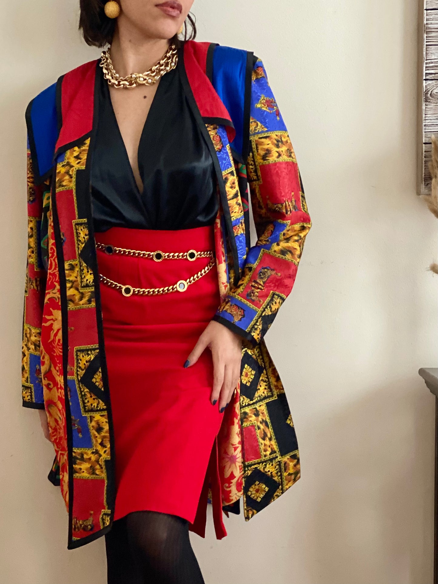 90's Brocade/Royal Pattern Open Front Jacket (S)