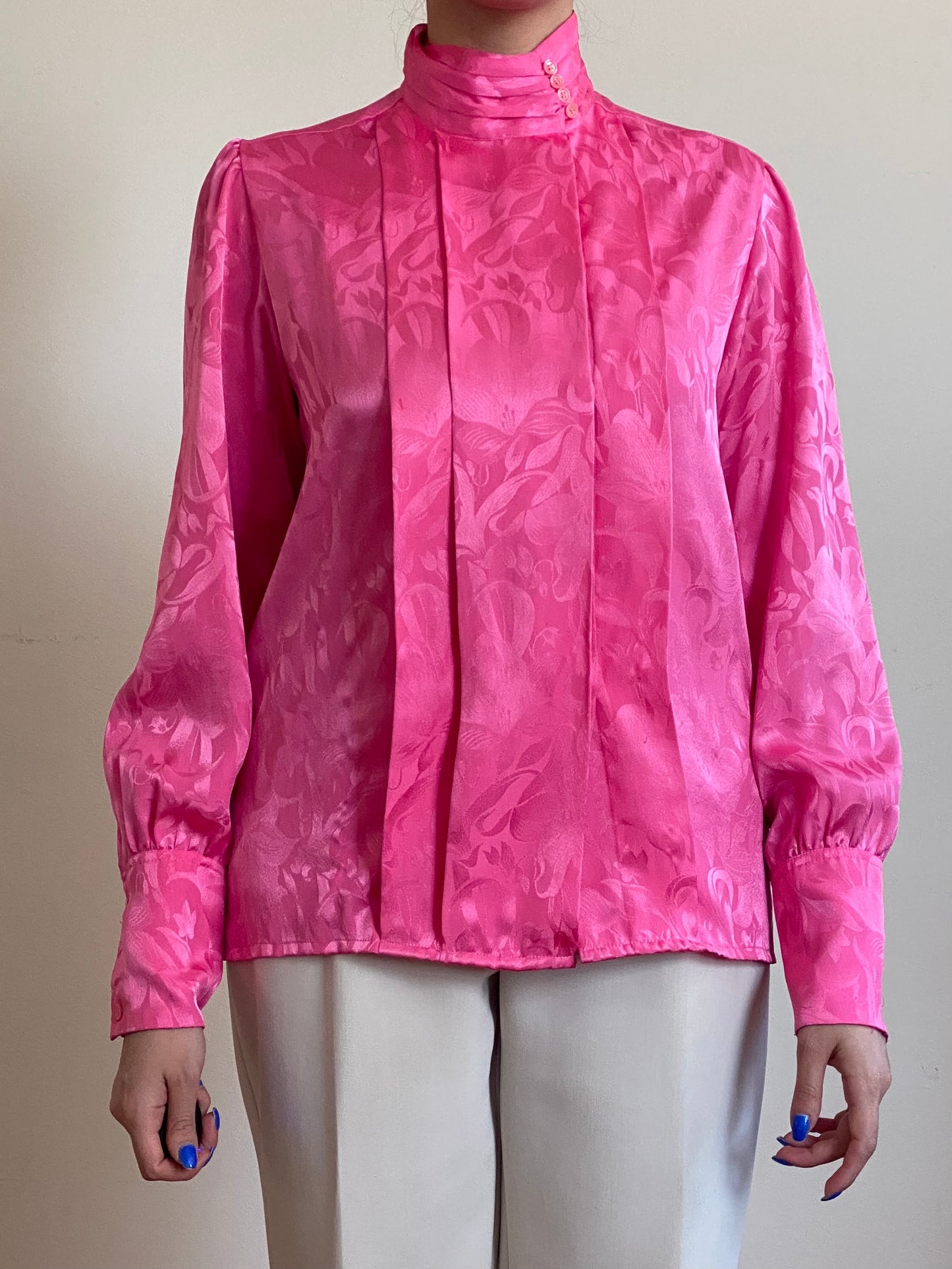 80's Satin Floral Pleated Button-Down Blouse (S-M)