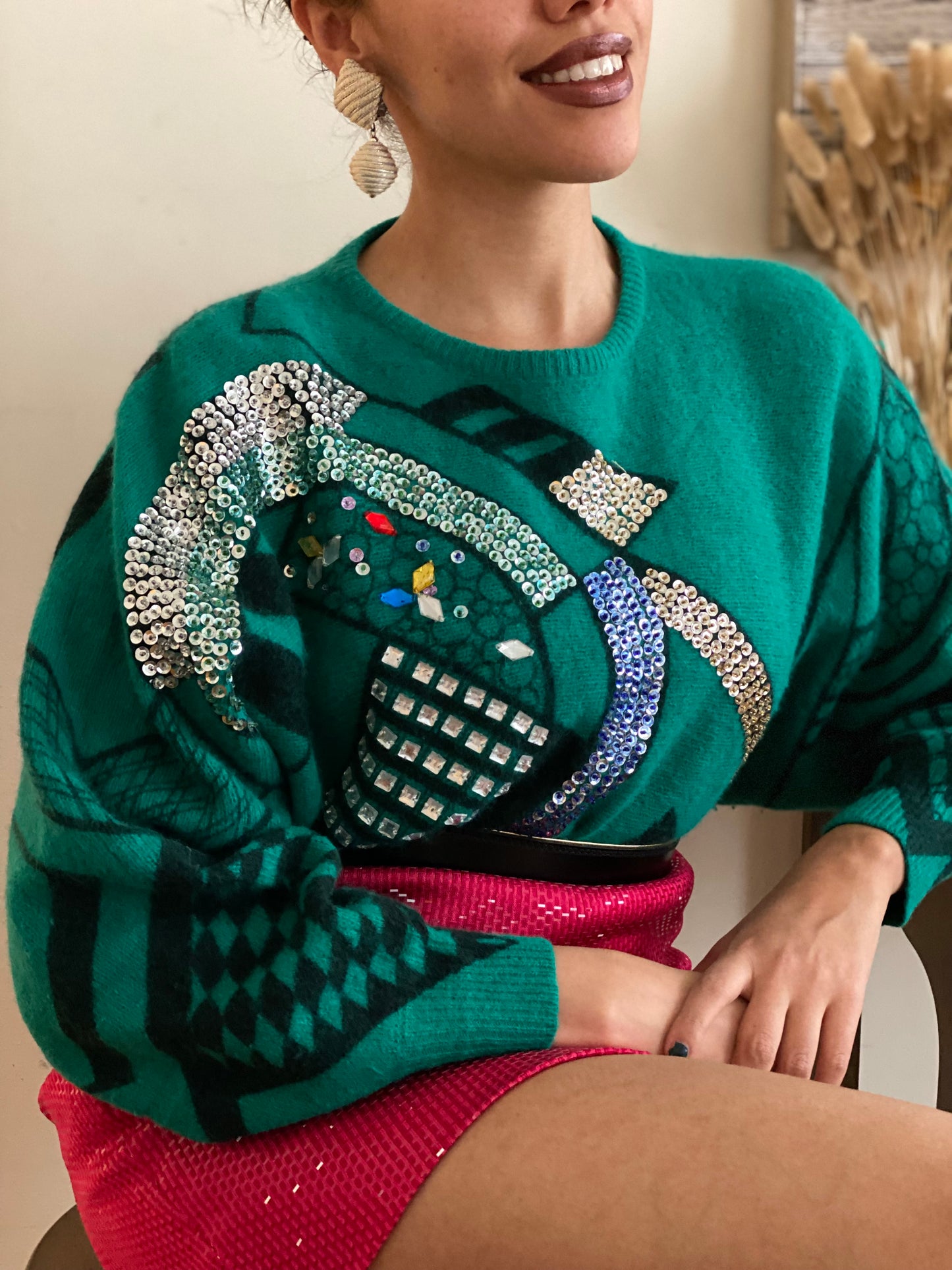 Abstract Geometric Embroidery Sequin & Bead Sparkle Sweater