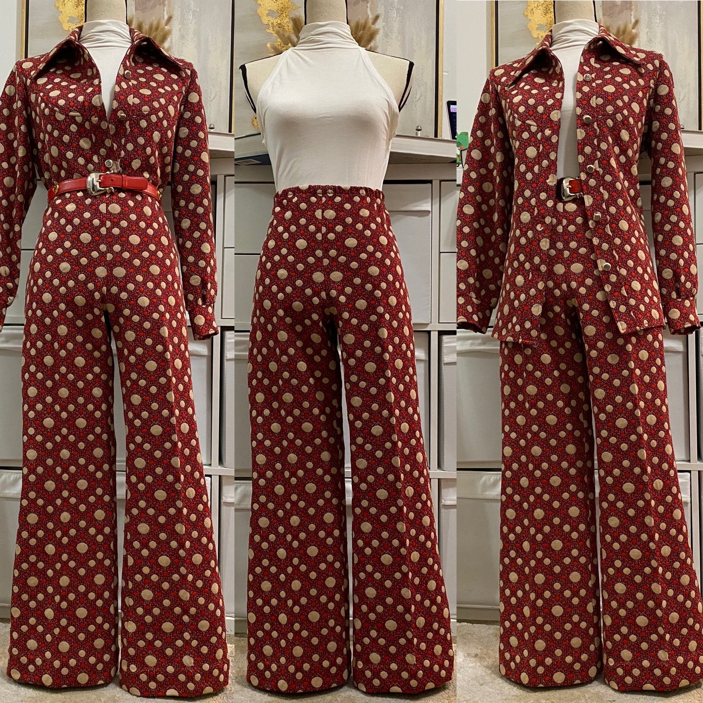60s -70s Abstract Polka Dot 2PC Leisure/Pantsuit (M-L, 30"-36"W)