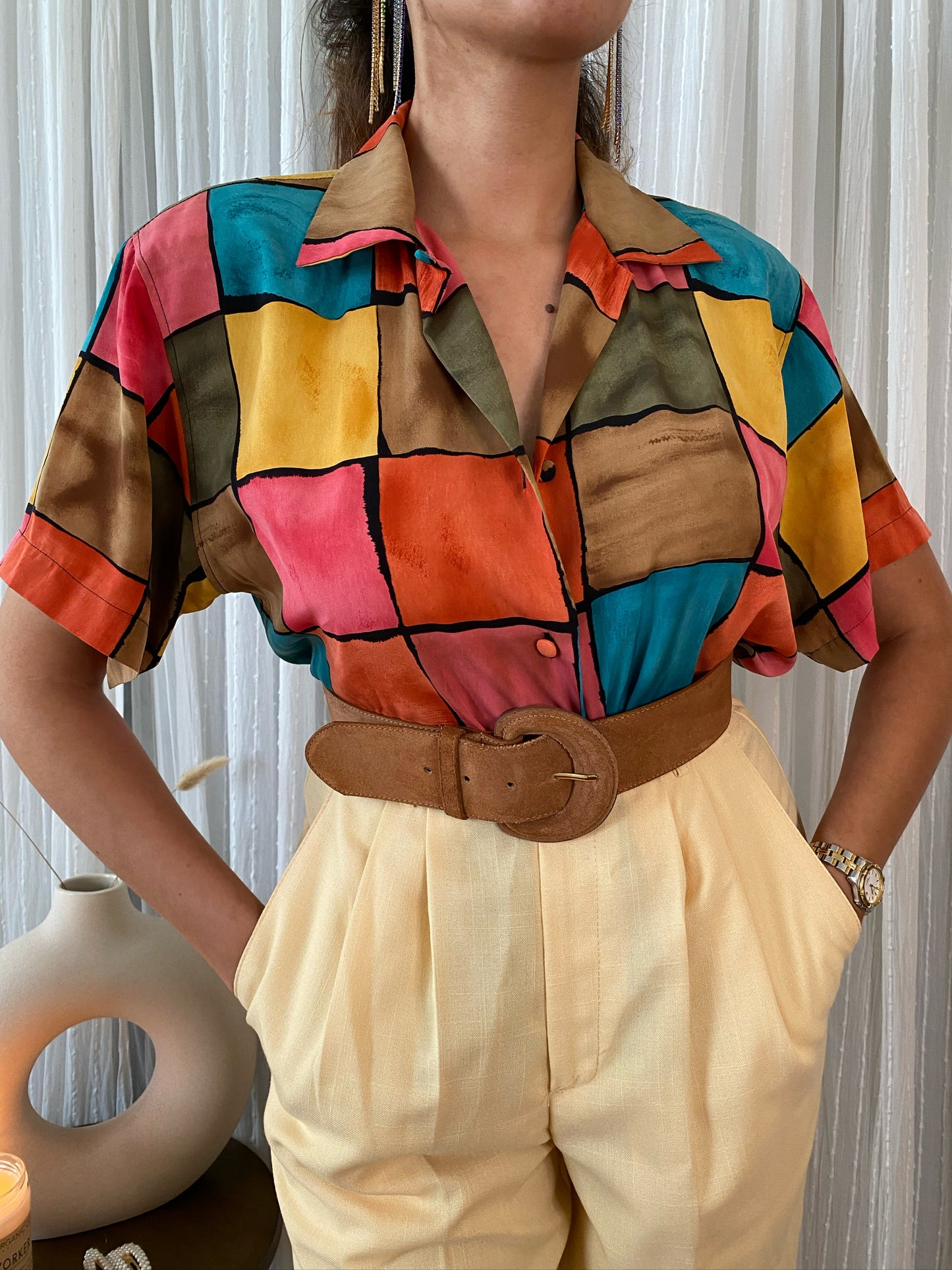 Colorful Block Short Sleeve Blouse