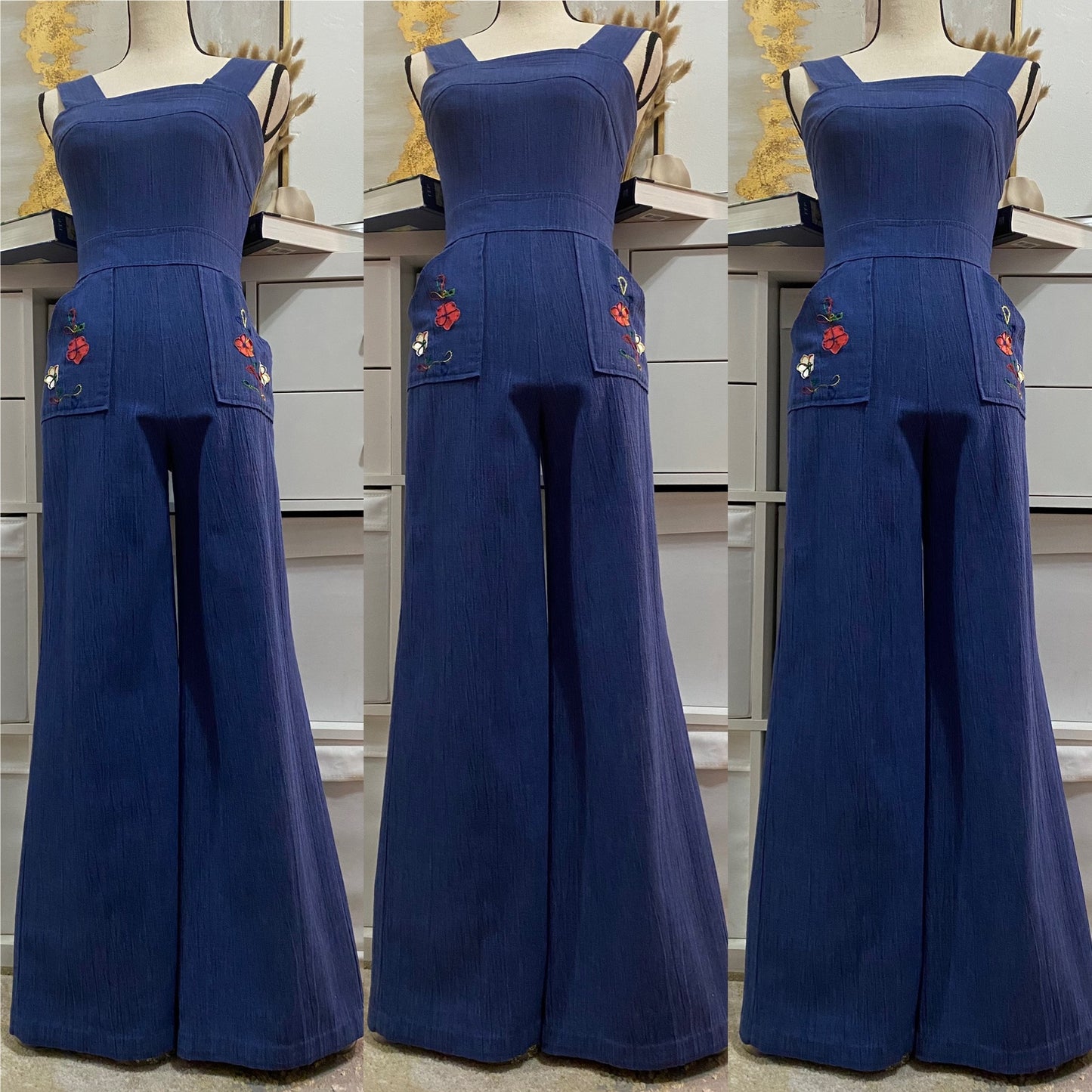 70's crinkle Cotton Wide Leg Flare Jumpsuit W/ Floral Patches (XS-S)