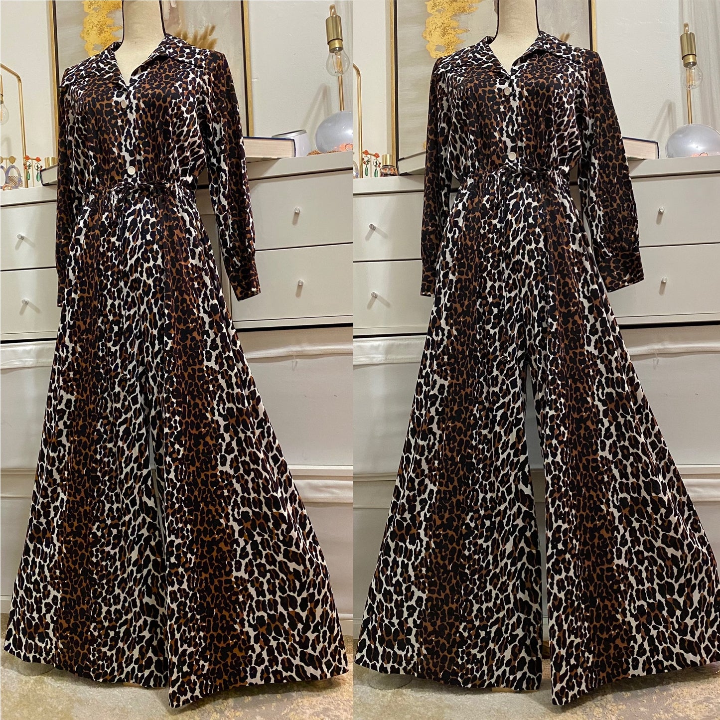 70's Leopard Animal Print Wide Leg Long Sleeve Jumpsuit (S-L)