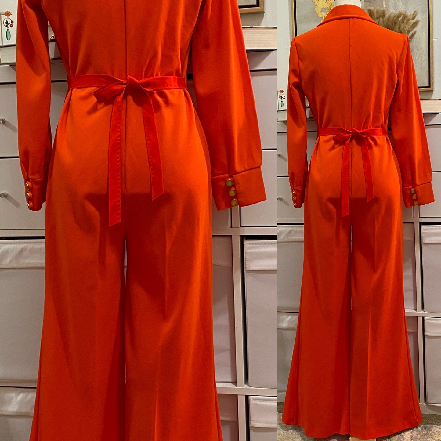 70's Orange Disco Bell Bottom Jumpsuit w/ Gold Buttons (M-L)