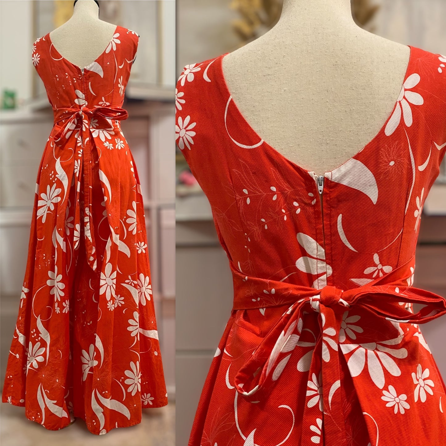 60s-70s Coral Floral Palazzo Jumpsuit (S, 26"-27"W)