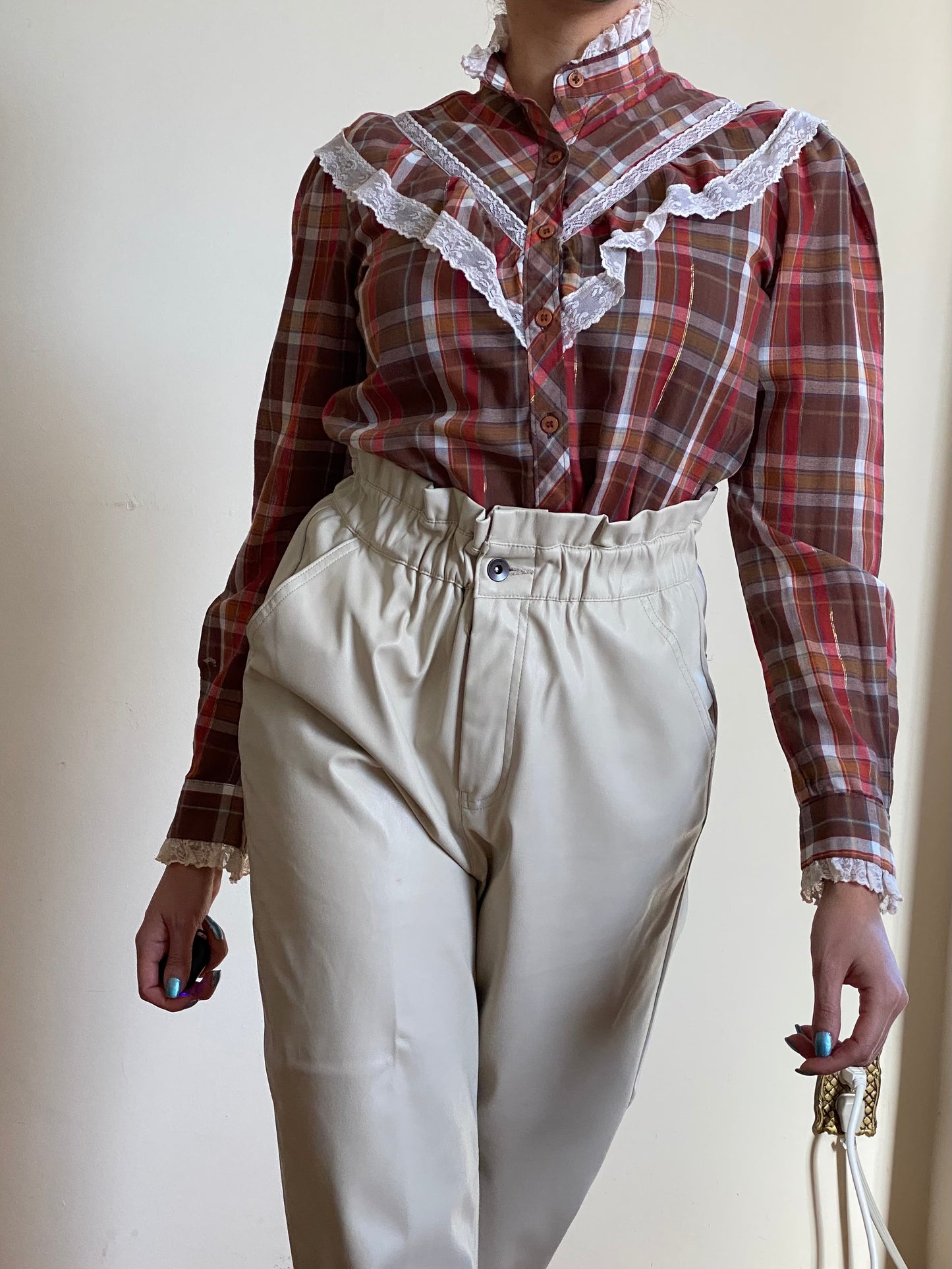 70's Western Style Ruffle Lace Blouse (S)