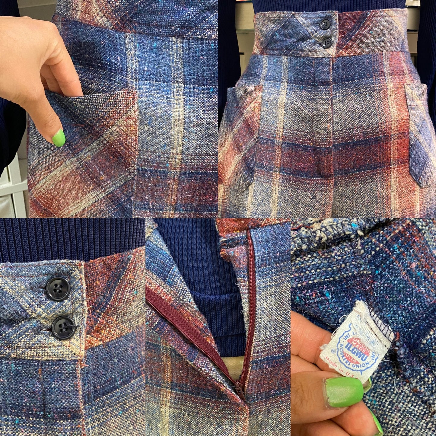 70s High Rise, Wide Leg Hazy Plaid Pants (L, 30"-34")