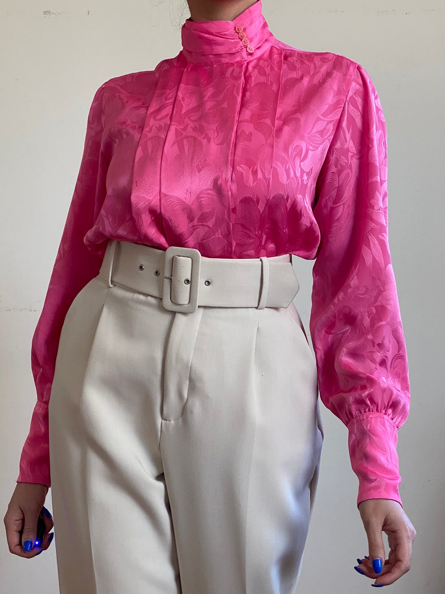 80's Satin Floral Pleated Button-Down Blouse (S-M)
