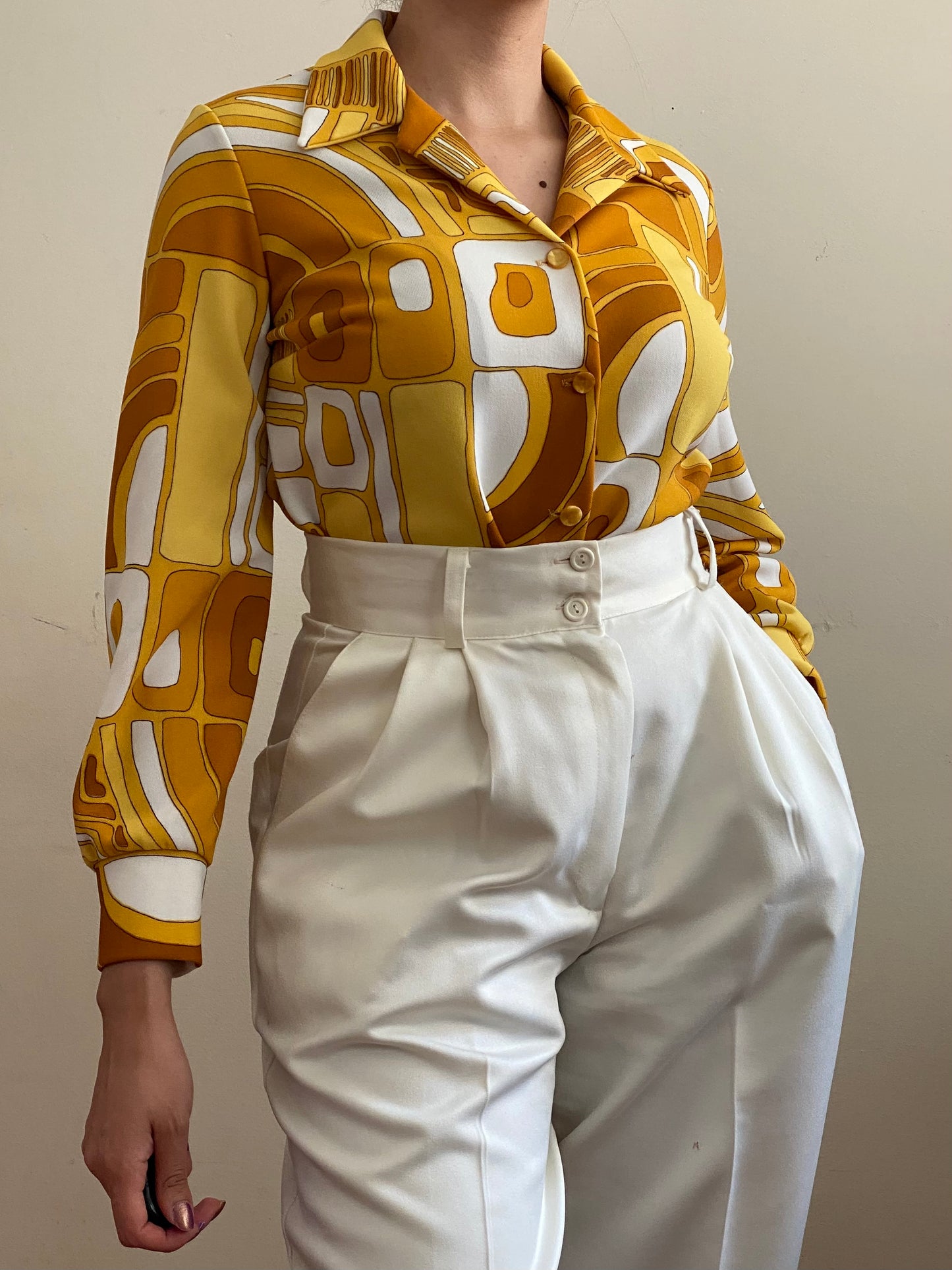 60s 70s Geometric Mod Micro Mini/Blouse w/ Long sleeve (M-L)
