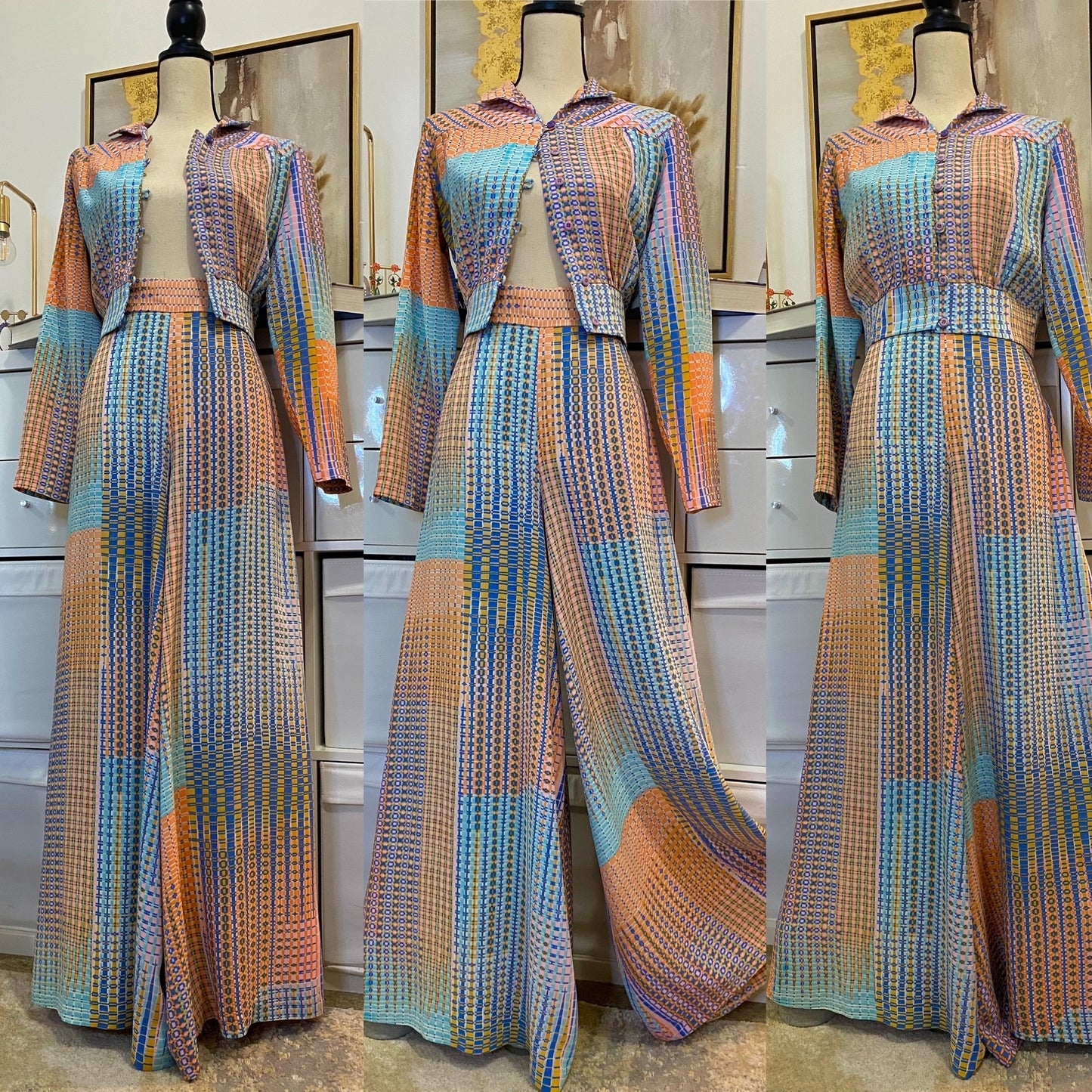 70's 2-Piece Set - Pastel Abstract - Bomber Jacket/Shirt & High Rise Palazzo Bottoms (M)