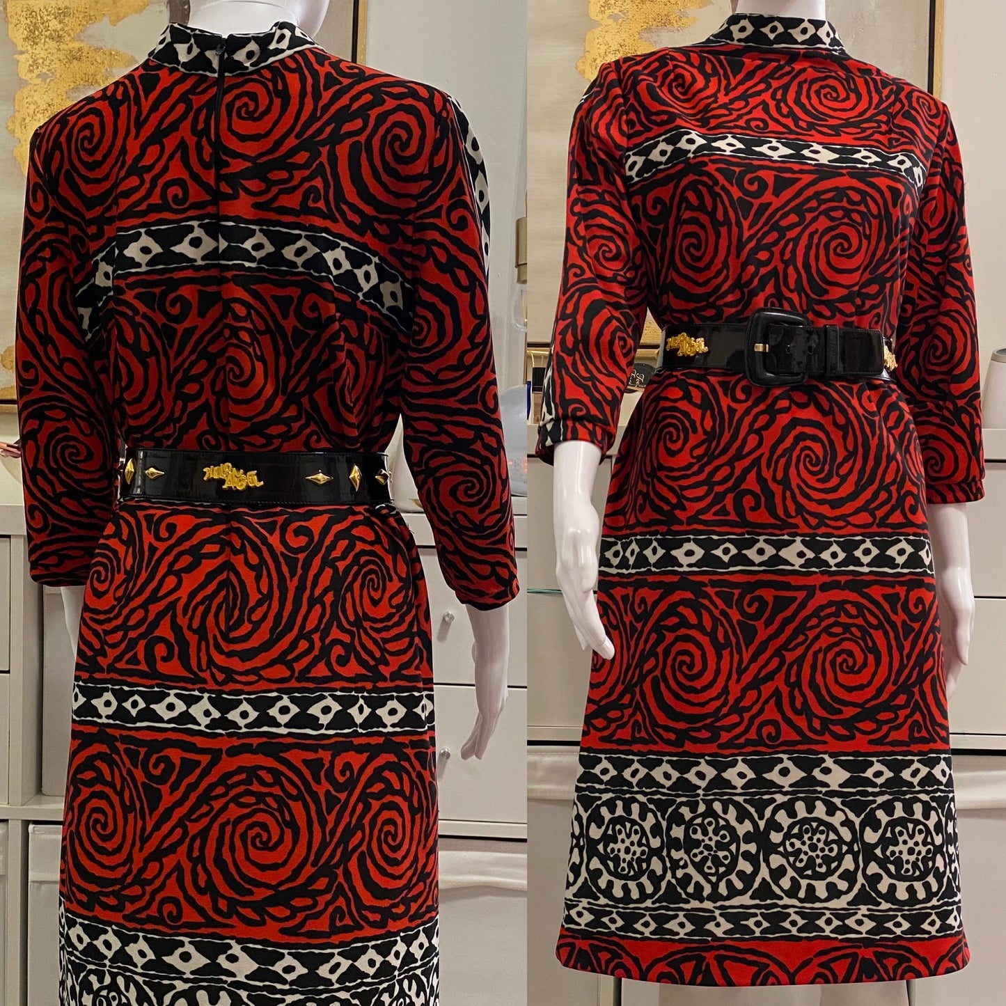 70's Abstract Mock Neck Midi Dress (L)
