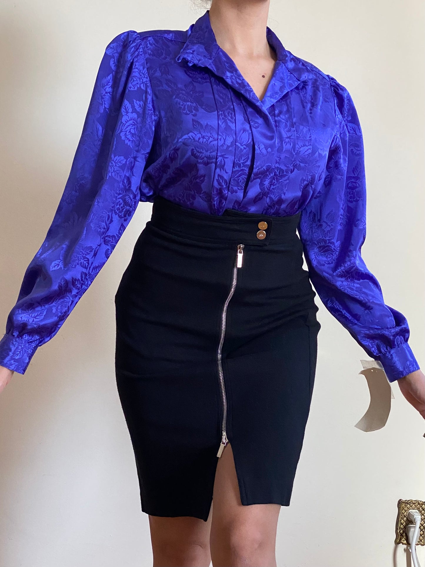 80's NOS HIGH MOCK NECK BUTTON UP FLORAL BLOUSE (S)