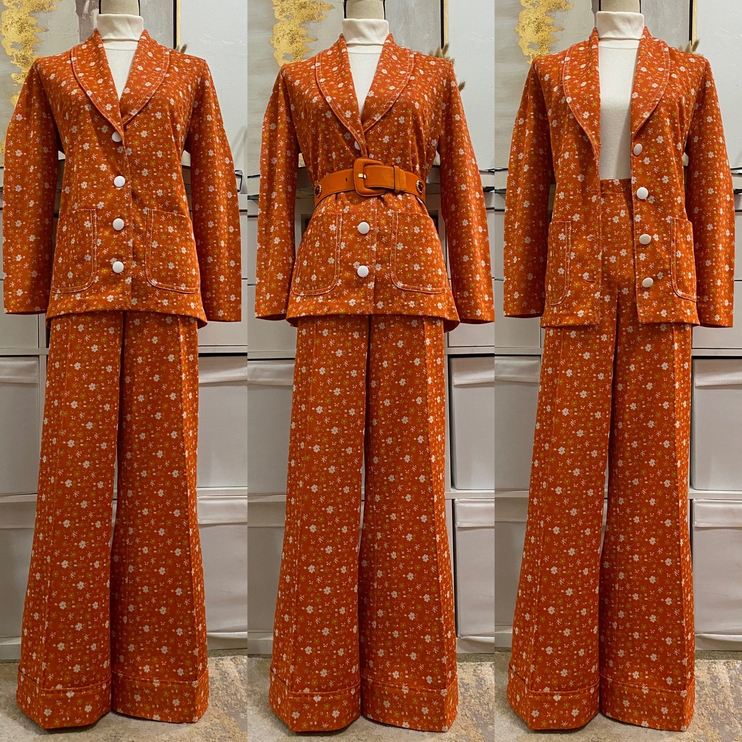70's Floral, Rusty Orange Bell Bottom 2PC Pantsuit (Large)