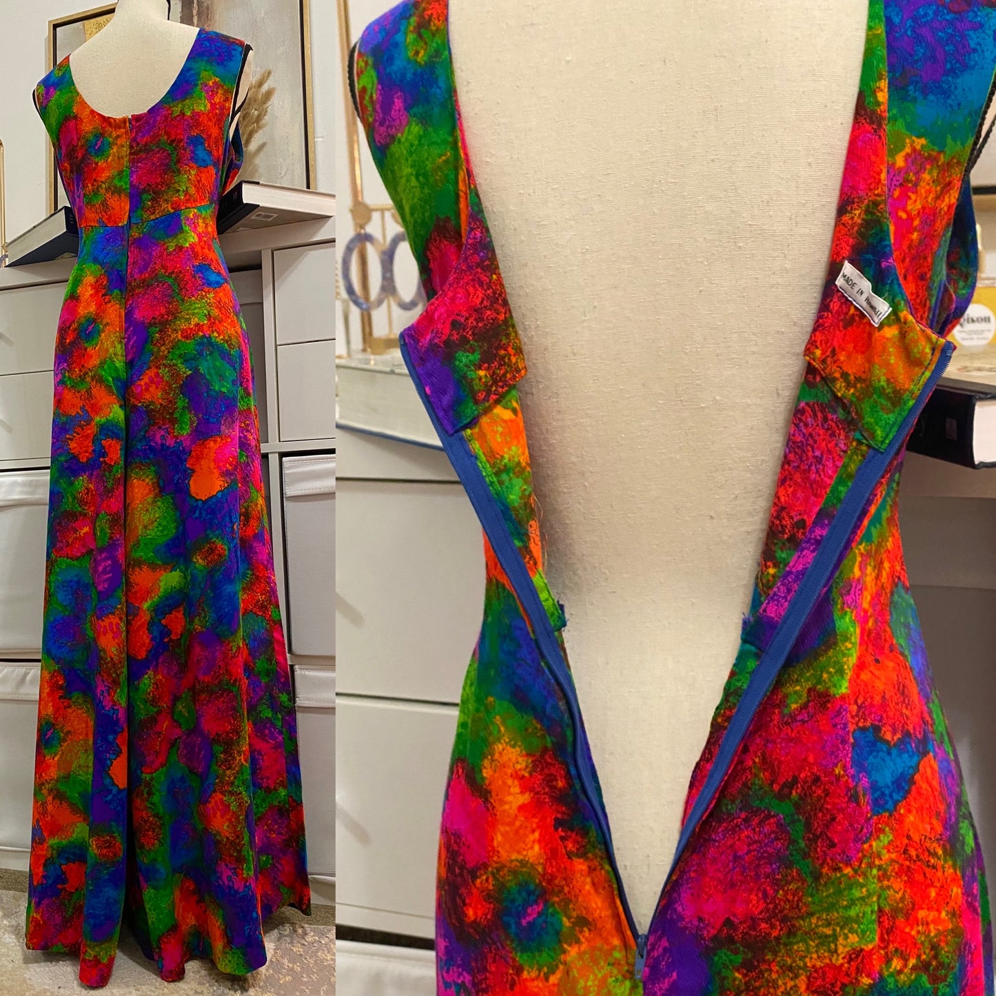 60s 70s Abstract Floral Hawaii Multicolor Palazzo Wide Leg Jumpsuit (L-XL)
