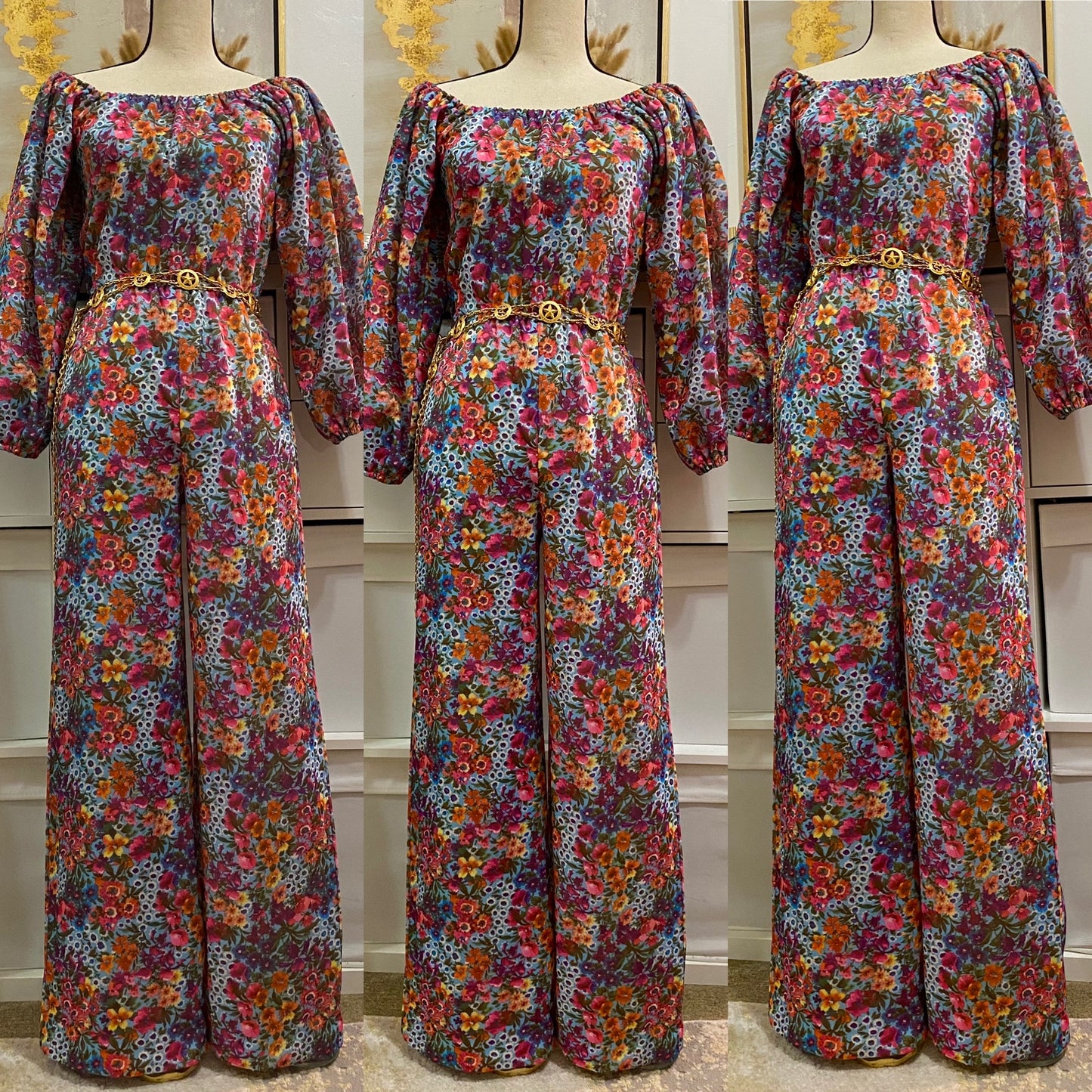 70s Off the Shoulder Wide Leg Floral Jumpsuit (S-L)