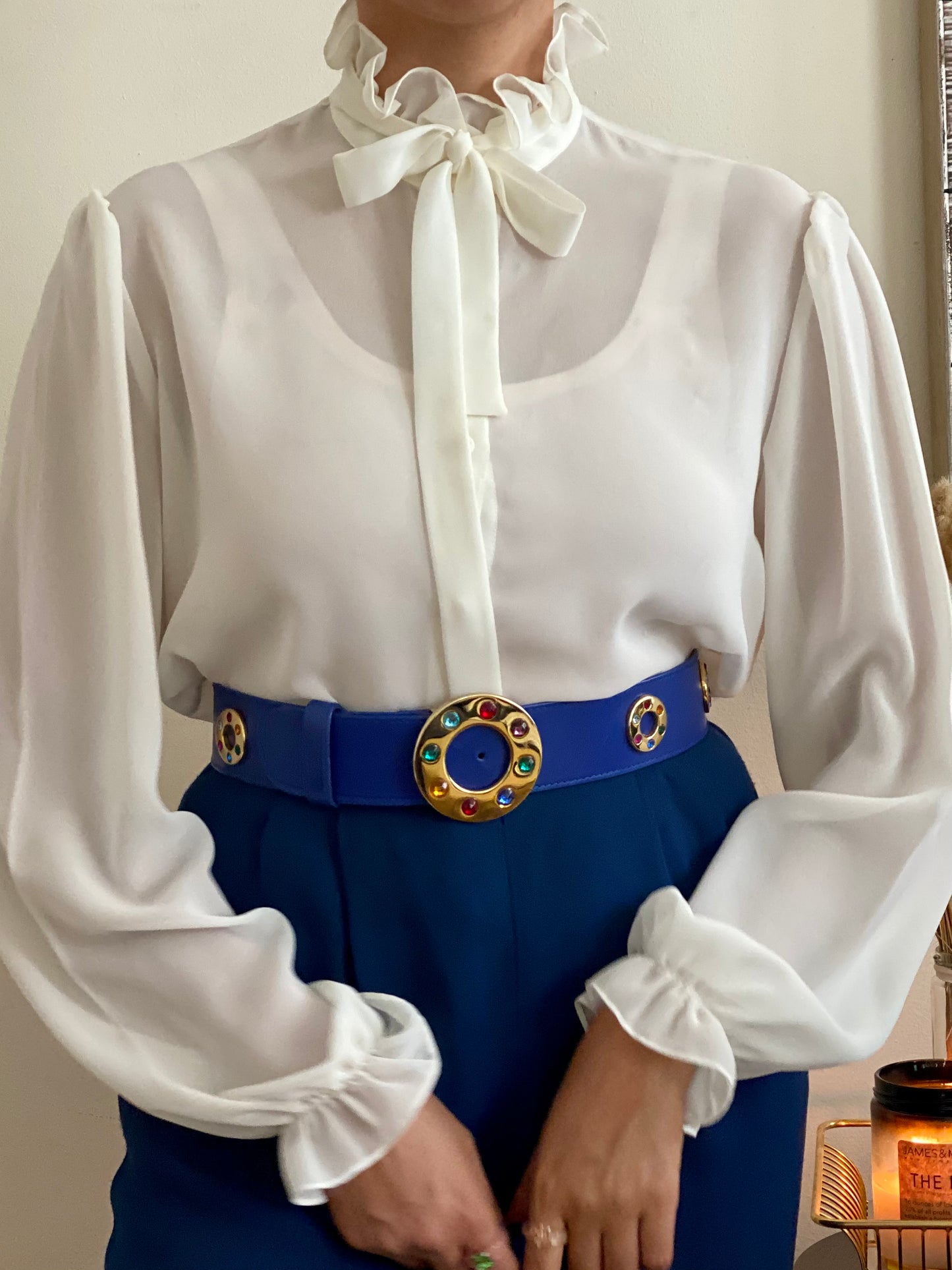 Ruffle high mock neck long sleeve blouse