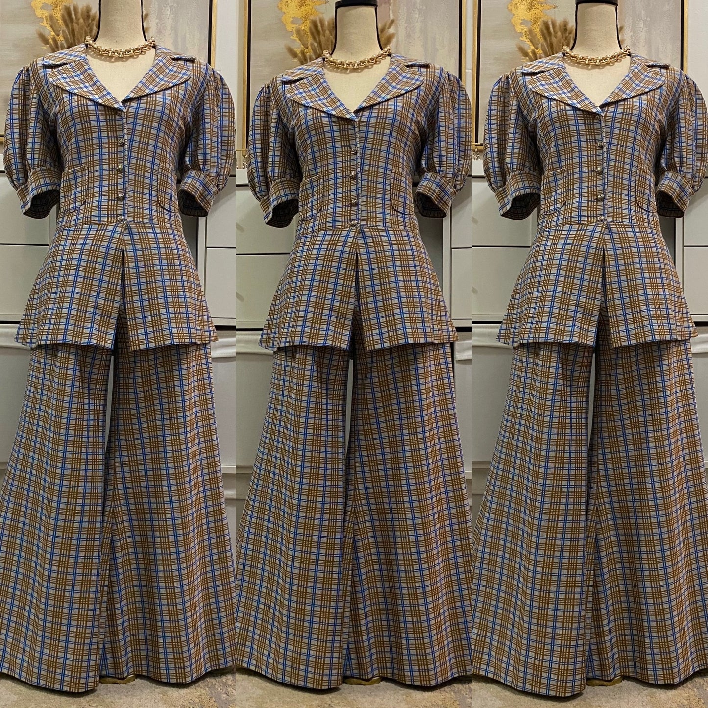 70's does 40's Plaid 2pc Bell Bottom Pantsuit (M-L, 27"-34"W)